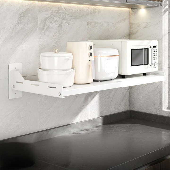 Rozszerzalna półka kuchenna do mikrofalówki, montaż bez wiercenia, montaż ścienny do piekarnika, (36,5-60)*34*15,7 cm, kolor biały