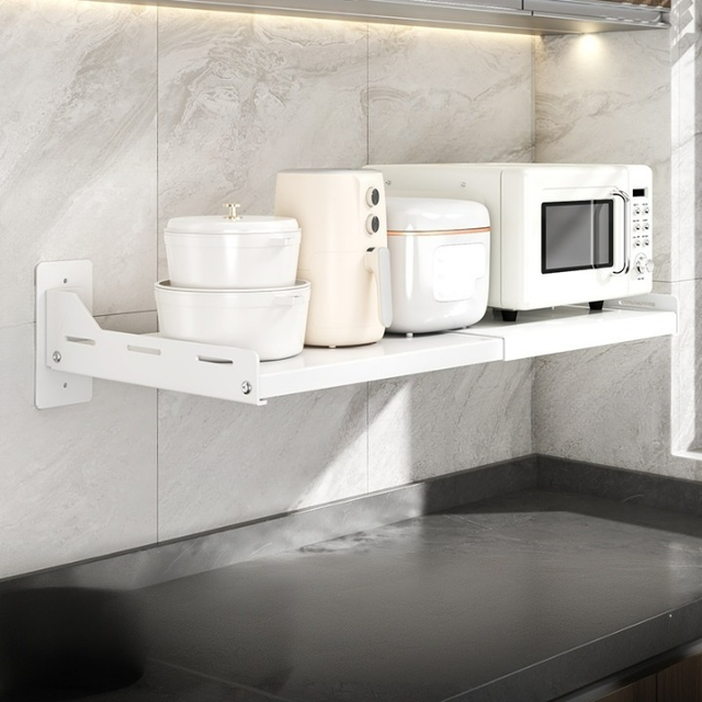 Estante de cocina extensible para microondas, instalación sin taladro, soporte de horno de pared, (36.5-60)*34*15.7cm, Blanco
