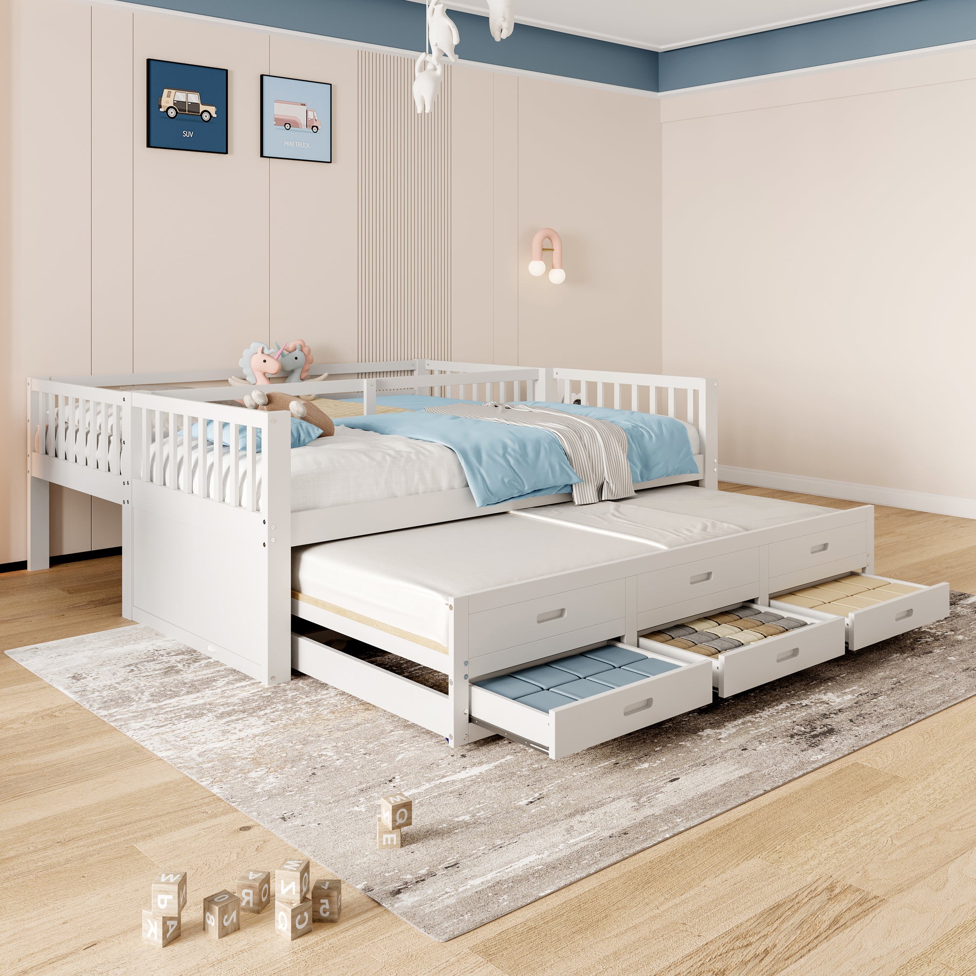 Lit superposé enfant 90x200cm avec échelle, lit gigogne et 3 tiroirs, pin + MDF, blanc, matelas non inclus - 3