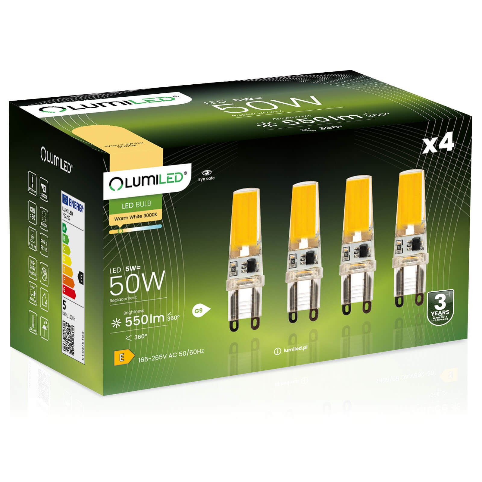 4x Żarówka Lumiled LED G9 Kapsułka 5W = 60W 550lm 3000K Ciepła 360st Filament