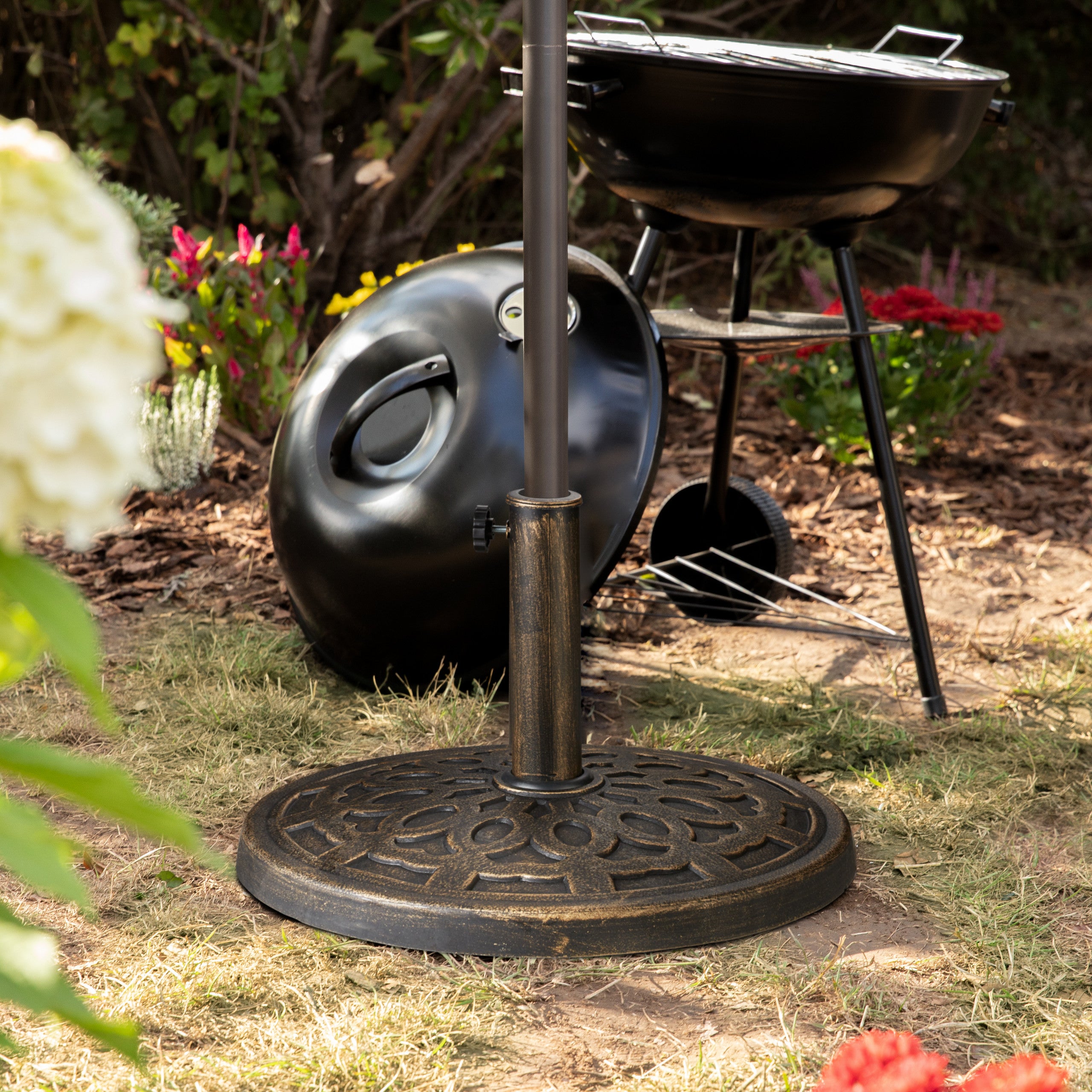 Support à parasol, pour des barres de 38-50 mm résistant aux intempéries, Ø49,5cm, jardin, aspect fonte, brun, Relaxdays - 2