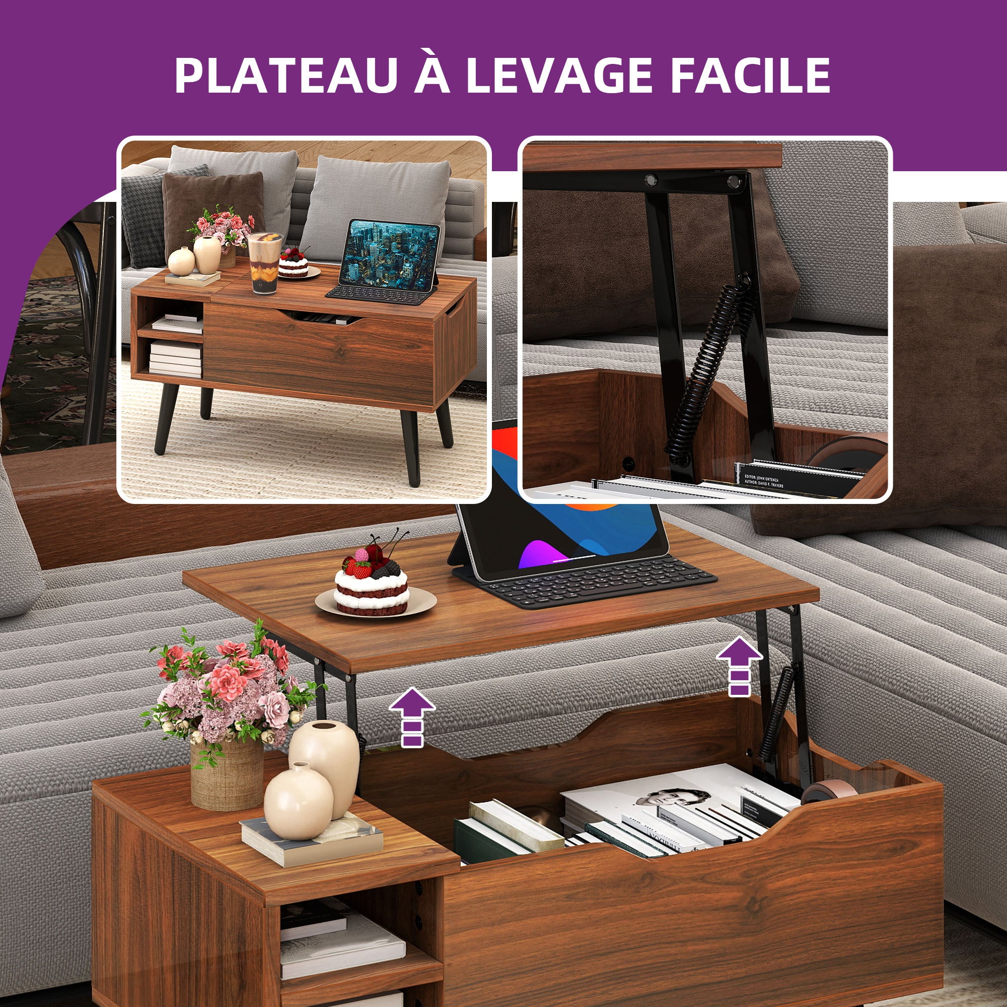Balconera Table basse Plateau Relevable - 80 x 40 x 61,5 cm- Noyer - 5
