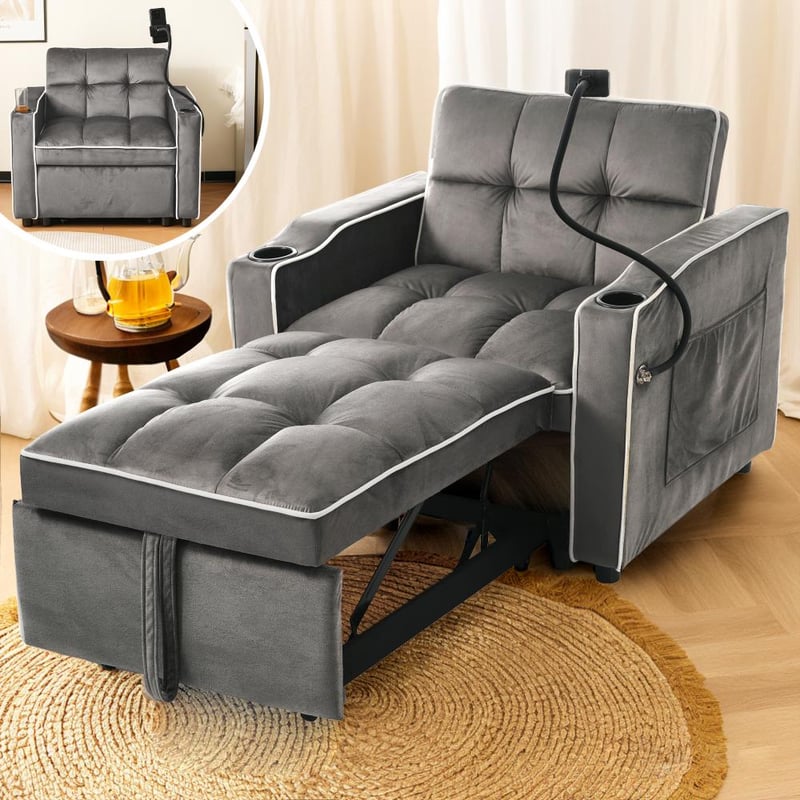 Sofa rozkładana 3 w 1 z aksamitu z uchwytem na kubek i stojakiem na telefon – rozkładany fotel, kompaktowy do małych przestrzeni, 83 x 167 x 76 cm