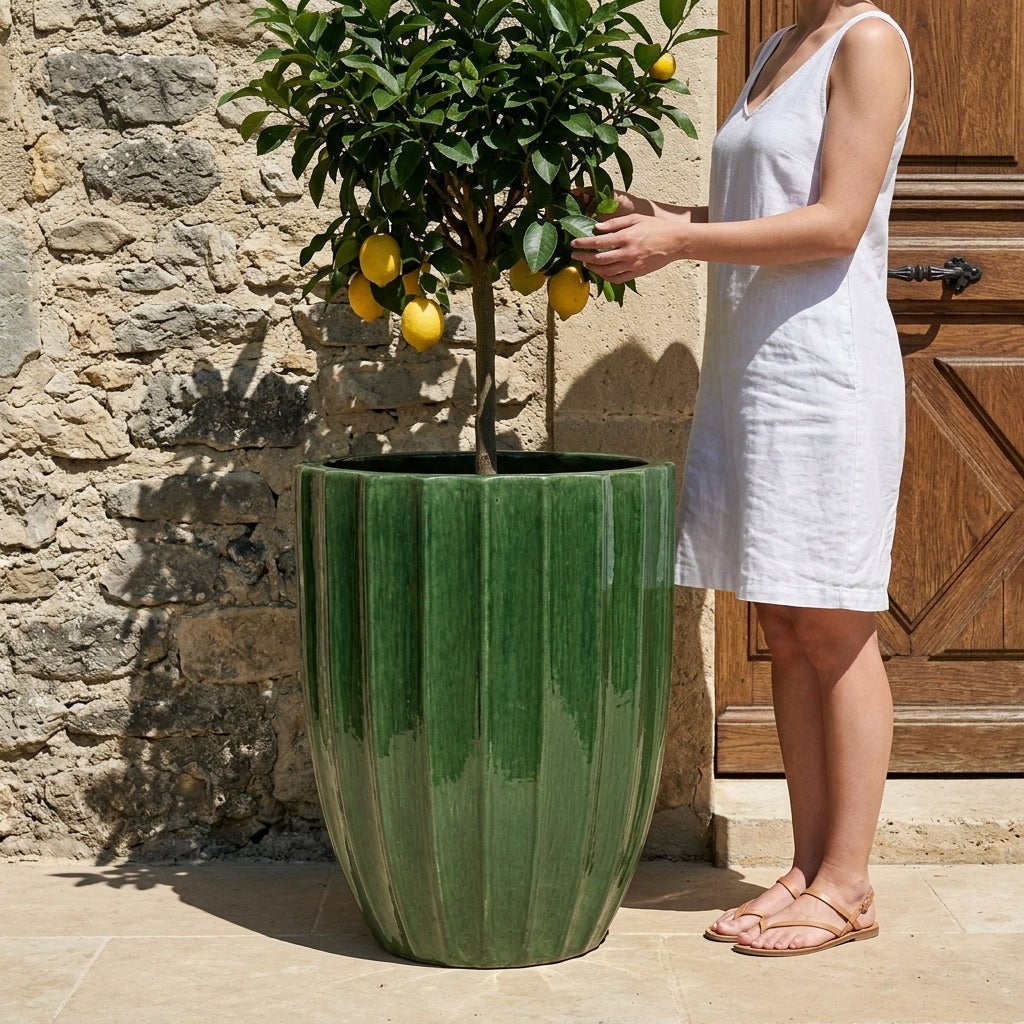 Pot grande taille d'extérieur HUGO 55x71cm vert jungle, fait main en terre cuite émaillée, résistant au gel - 2
