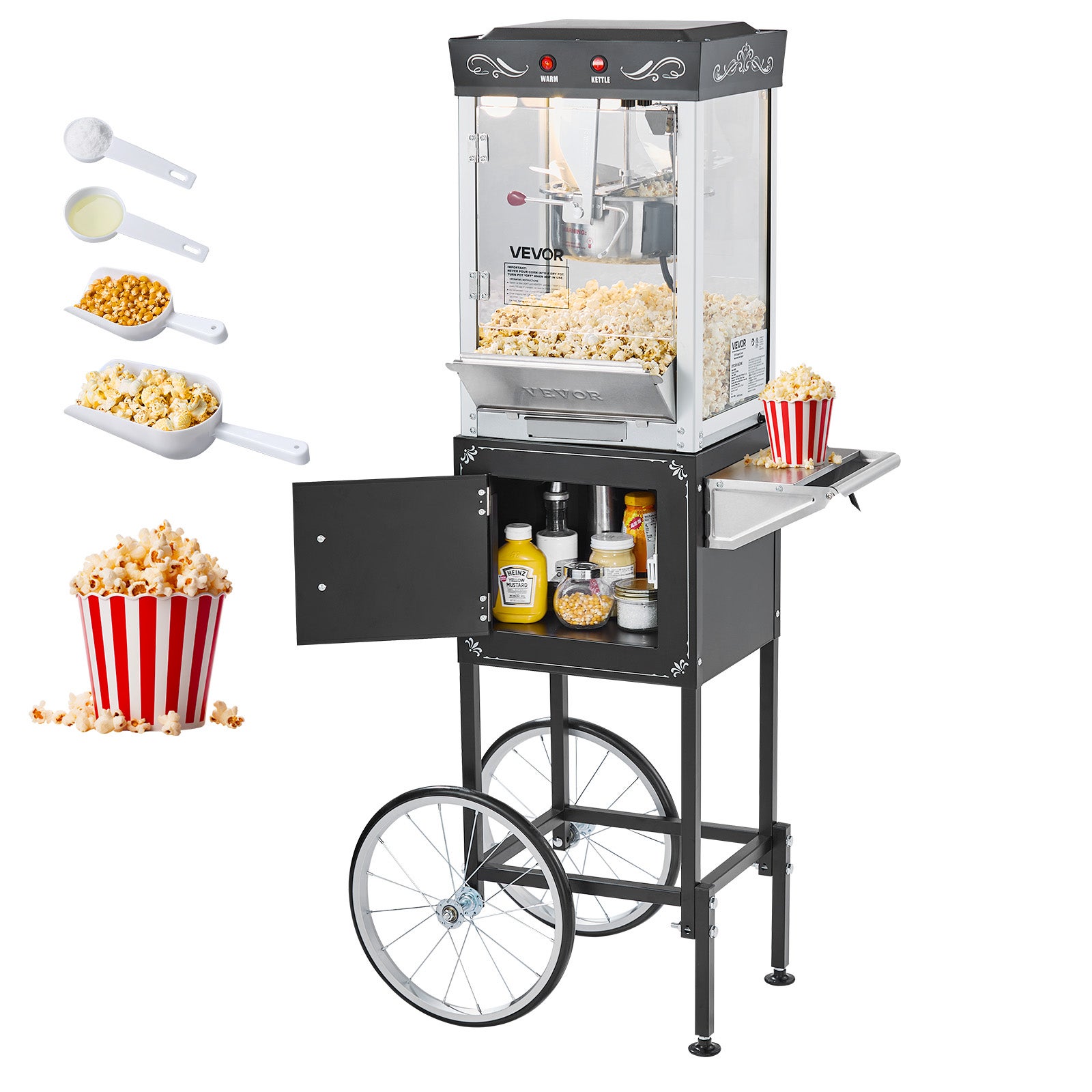 Maszyna do Popcornu VEVOR z Wózkiem 800 W, Garnek Inox 0,2 kg / 48 Filiżanek, 2 Przyciski, Szkło, Łyżki i Miarka, Czarna