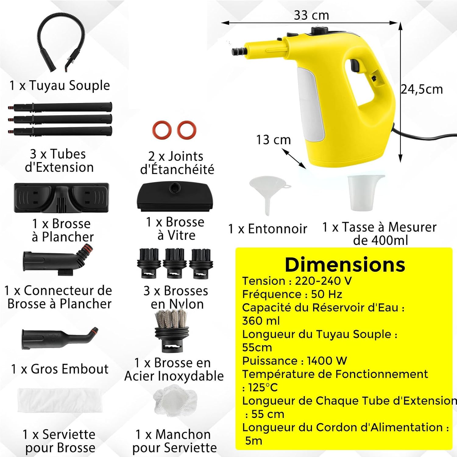Ręczny Odkurzacz Parowy 1400 W, Zbiornik 400 ml, Blokada Bezpieczeństwa, Temperatura 125 °C, Przenośny Odkurzacz Parowy z 14 Akcesoriami, Kolor Żółty - 5