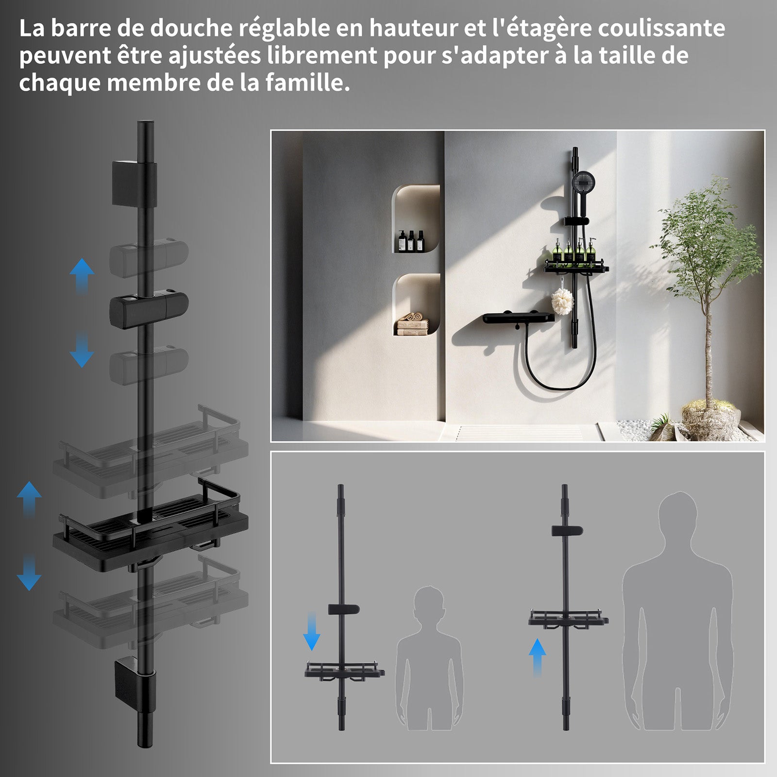 Barre de Douche Noir Réglable 900 mm avec Étagère Coulissante Intégrée, Support Ajustable Sans Perçage Supplémentaire, en Acier Inoxydable - 3
