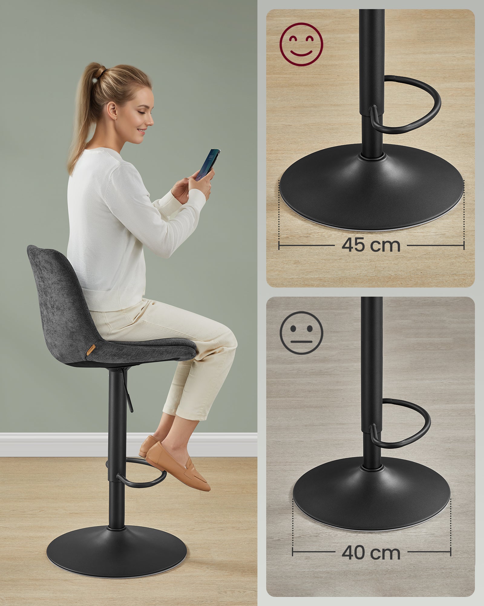 Tabourets de Bar, Lot de 2, Siège Pivotant à Hauteur Réglable, avec Dossier et Repose-Pieds, Salle à Manger, Comptoir, Acier, Gris Ardoise - 7