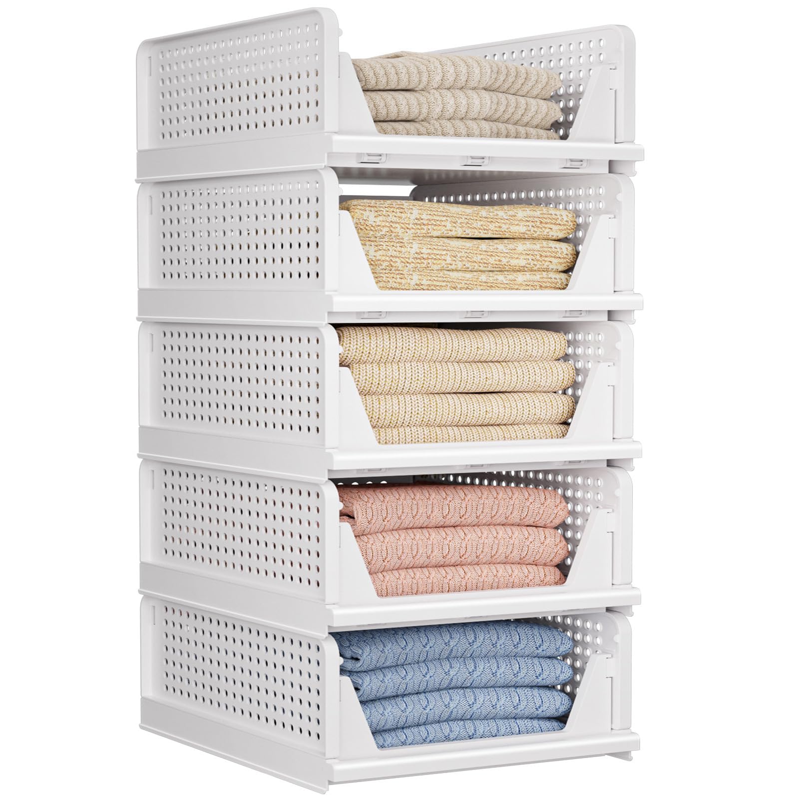 Juego de 5 cajas de almacenamiento plegables para armario, caja de almacenamiento apilable, cesta de plástico para cajón, almacenamiento para armario