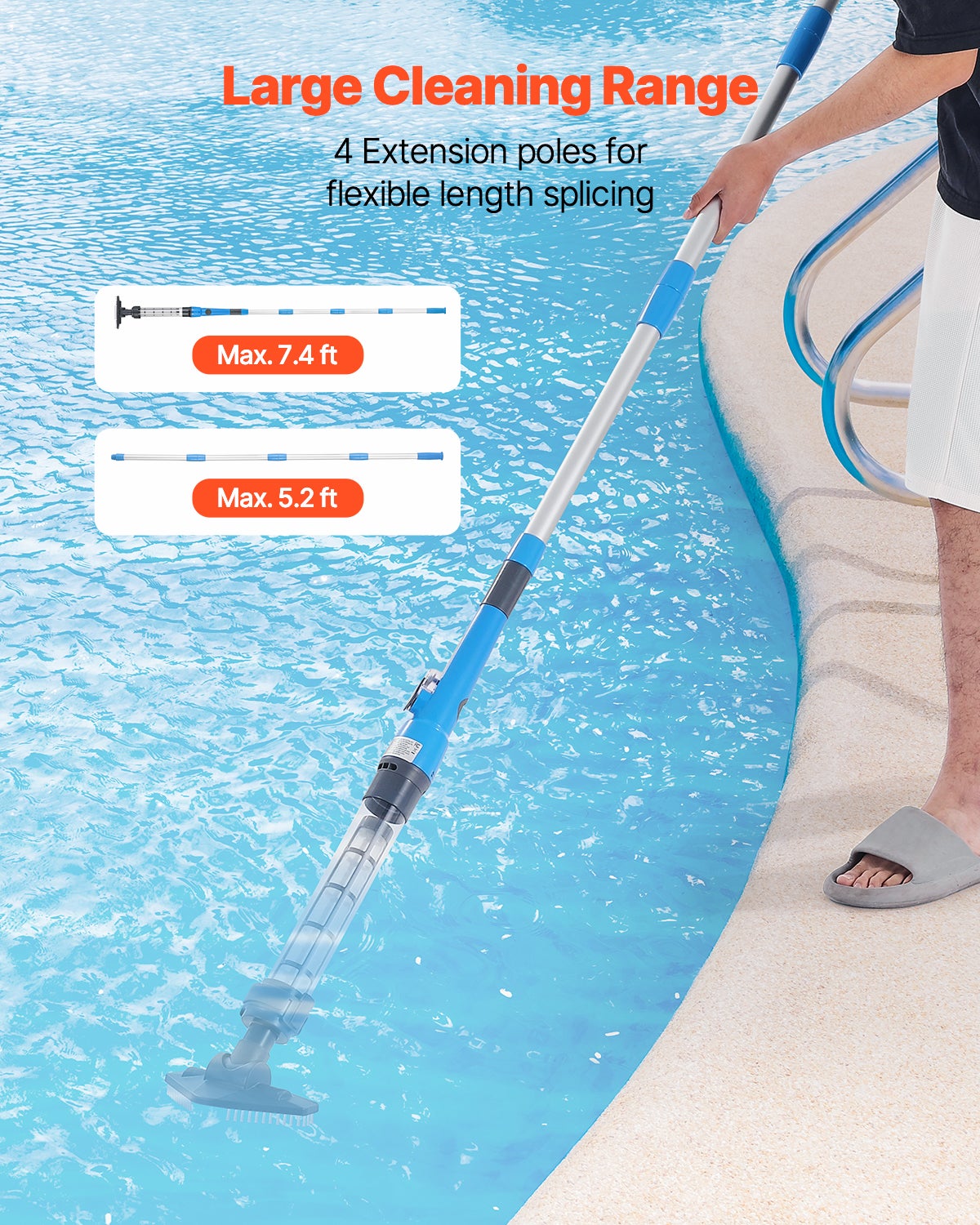 Aspirateur Piscine 32 L/min,VEVOR Nettoyeur Manuel Sans Fil,Rallonges,Aspiration Puissante,Rechargeable,60 Min d'Autonomie,pour Piscines - 5