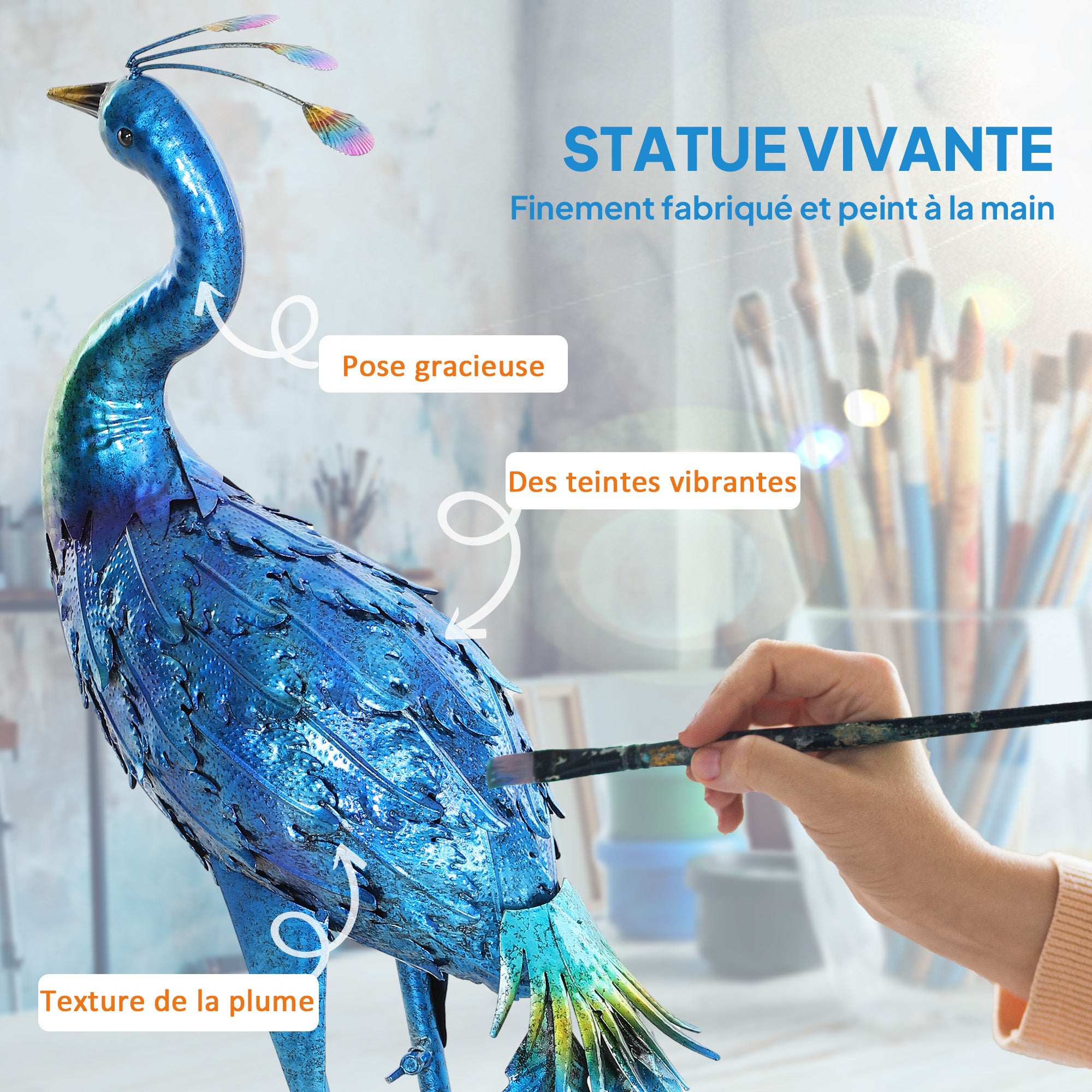 Statue de jardin - Outsunny - paon - résister aux éléments - pour jardins, porches, terrasses - en métal - 83H cm - multicolore - 4