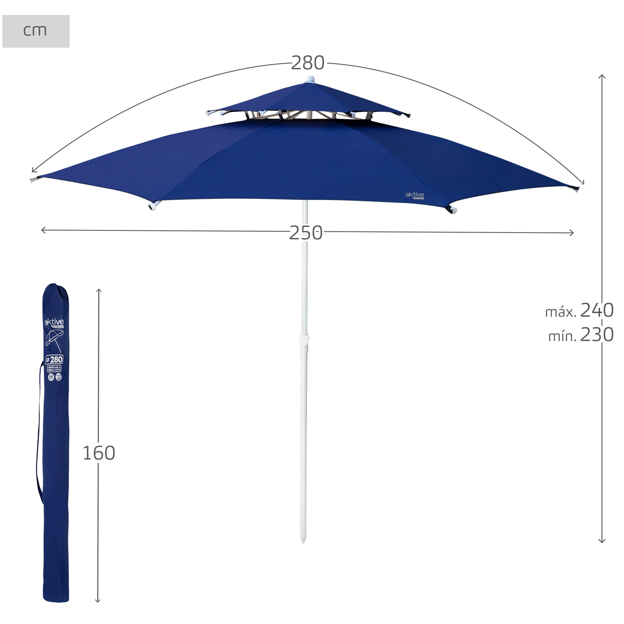 Aktive Sombrilla playa grande antiviento 8 varillas 280 cm azul - 4