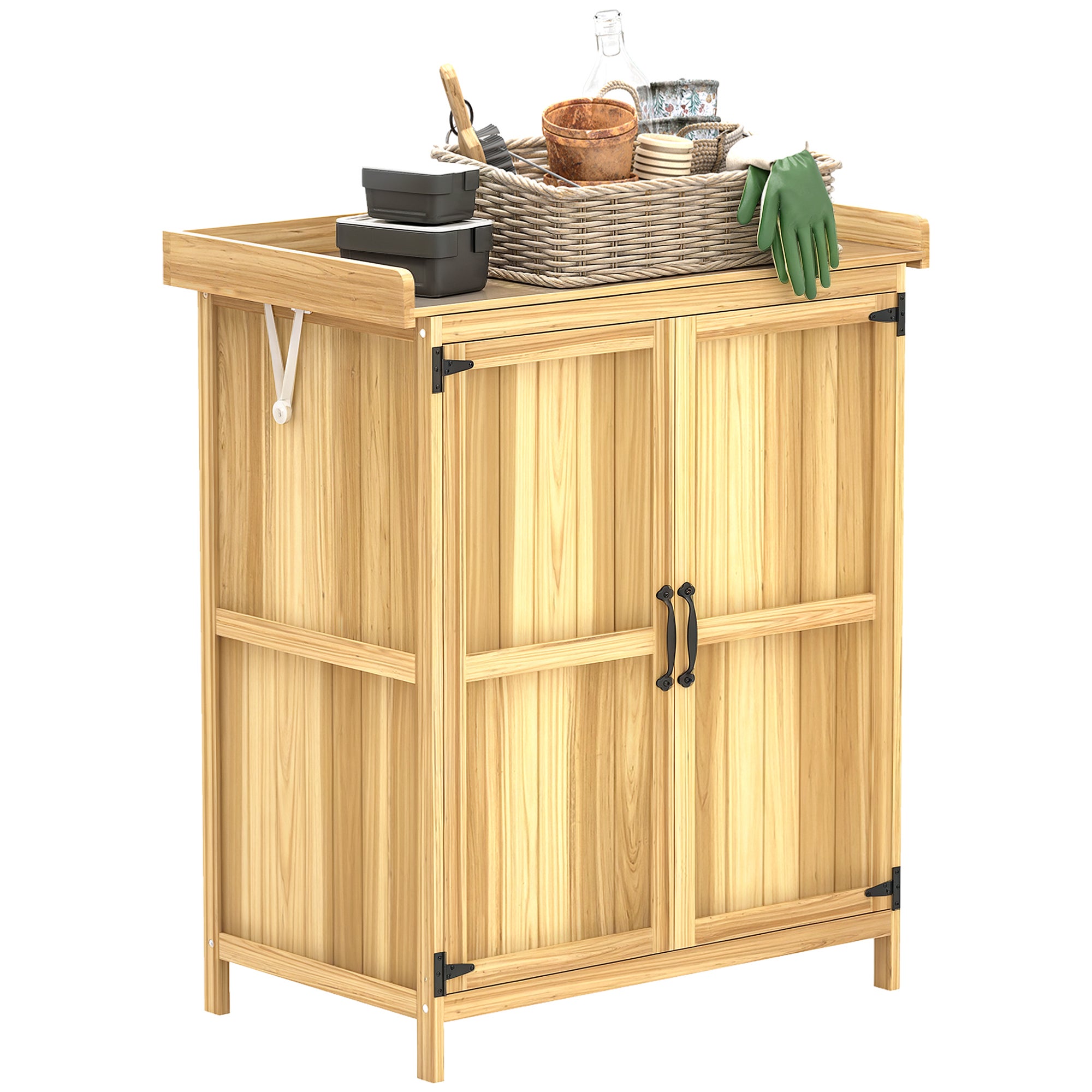 Caseta de jardín, cobertizo para herramientas de exterior, con encimera, madera y acero inoxidable, doble puerta, madera natural.