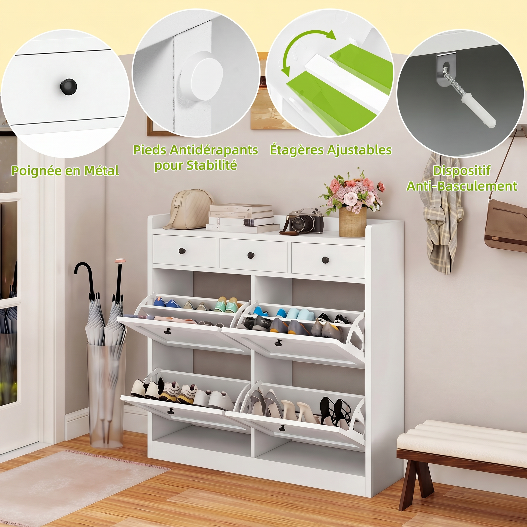 Meuble à chaussures YITAHOME pour 24 paires de chaussures, 4 tiroirs dont 3 en tissu, 25 x 100 x 85 cm (H), blanc - 5