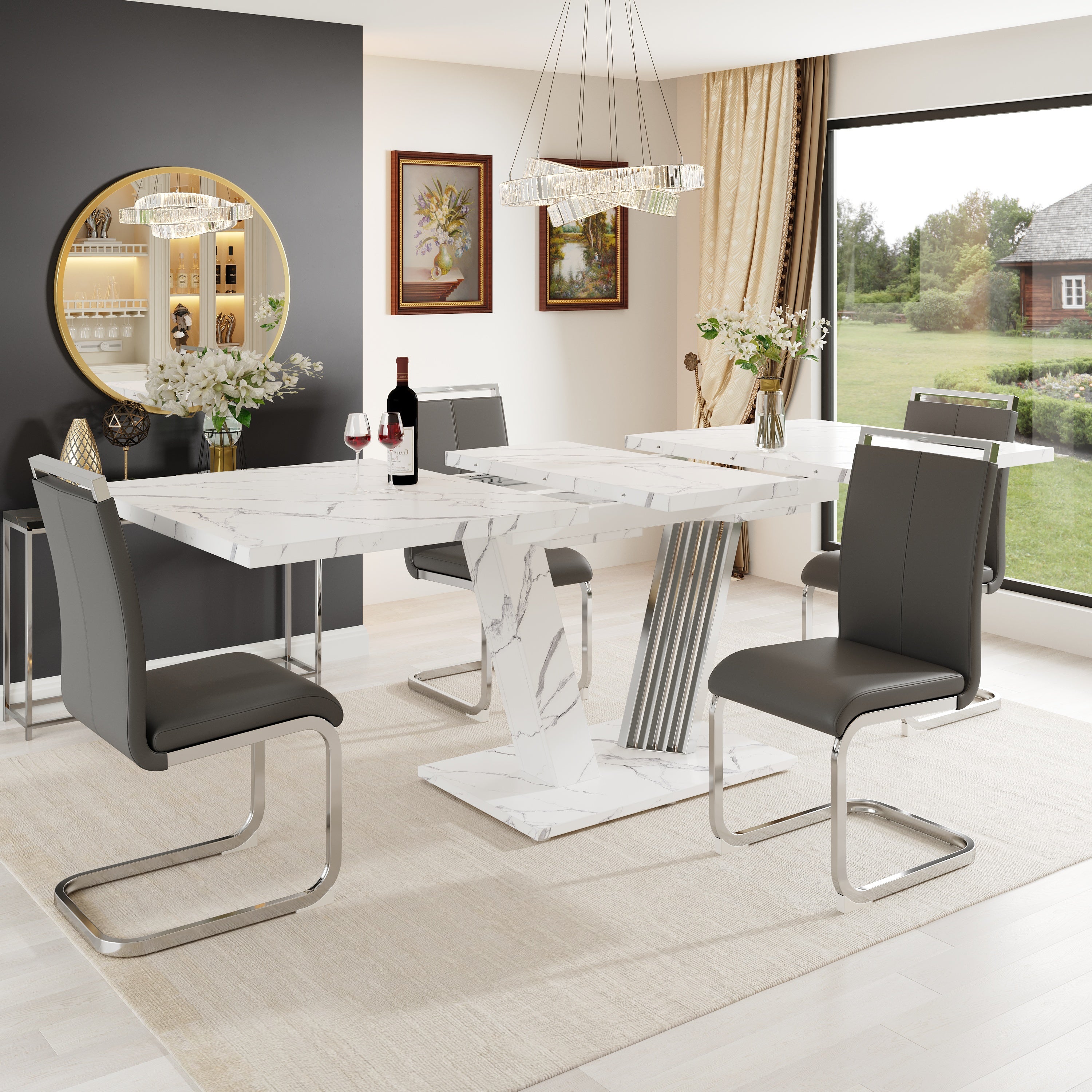 Rozkładany stół jadalny dla 4-6 osób - 120/160 x 80 x 76 cm - Płyta MDF z nogami w kształcie skrzydeł - Blat imitujący marmur - Biały - 4