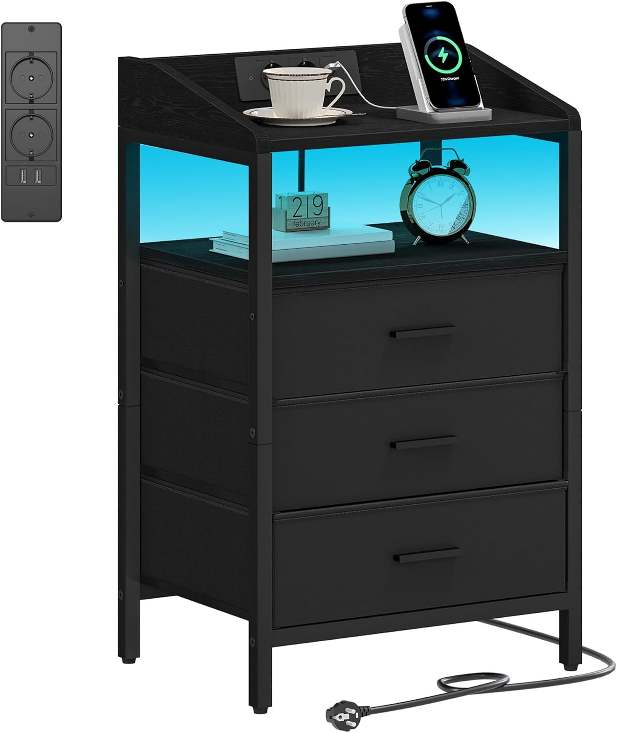 Stolik nocny z oświetleniem LED i stacją ładującą,stolik końcowy z 3 szufladami z tkaniny, stolik boczny z portem USB,stolik nocny z otwartą półką do