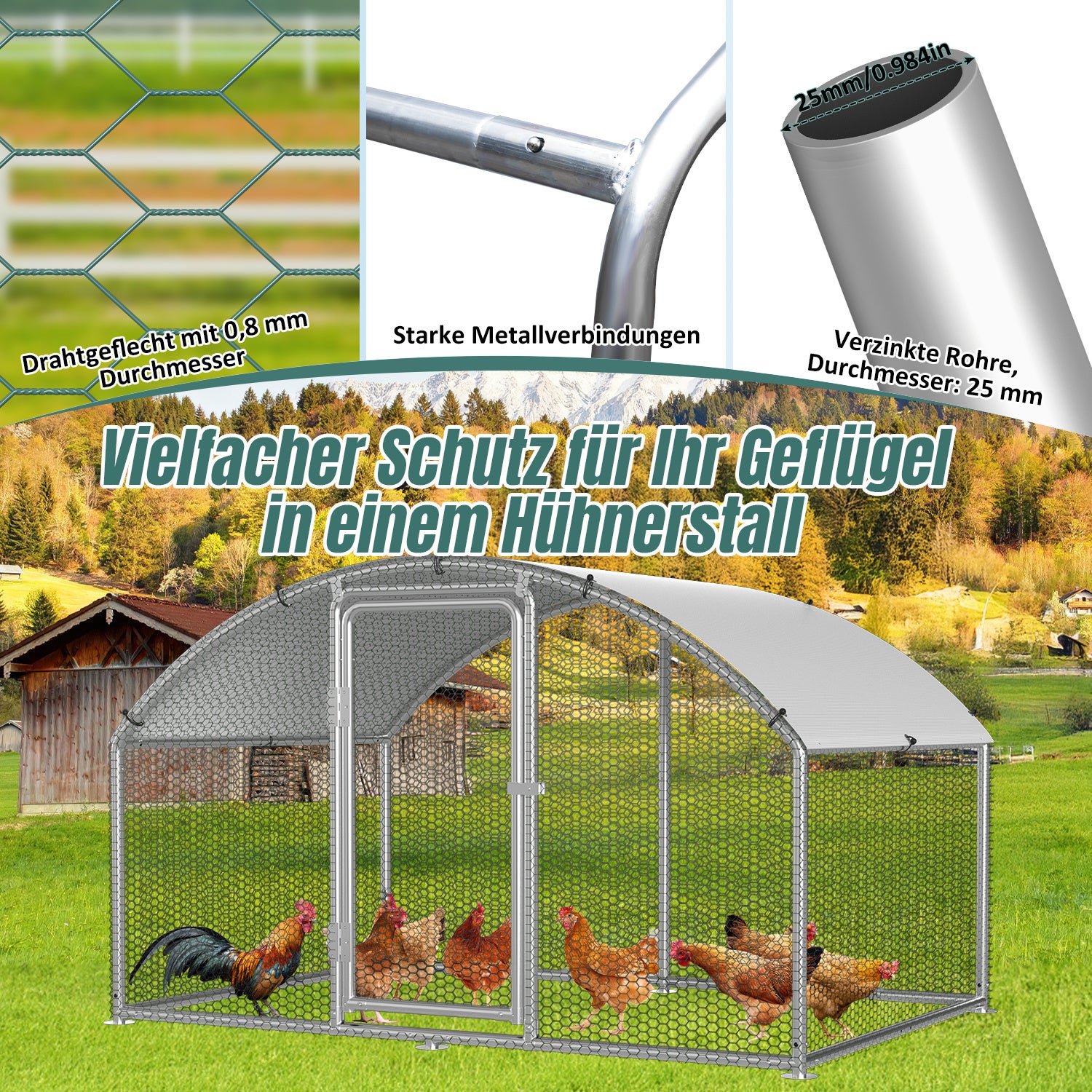 Kurnik 3×8×2 m z łukowatym dachem – woliera zewnętrzna, zagroda dla małych zwierząt, klatka dla kur z ocynkowanej stali - 6