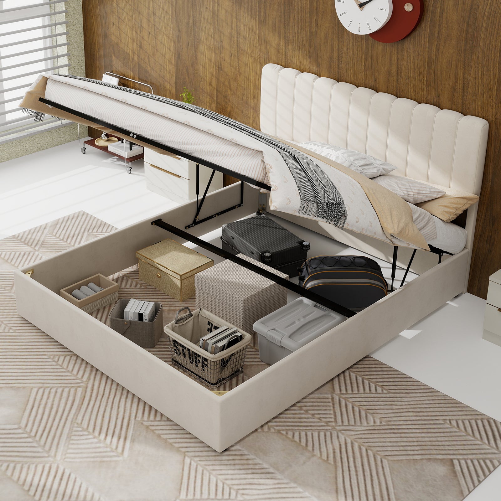 Letto contenitore matrimoniale 140x200 cm, testiera, meccanismo a gas, velluto beige, senza materasso - 7