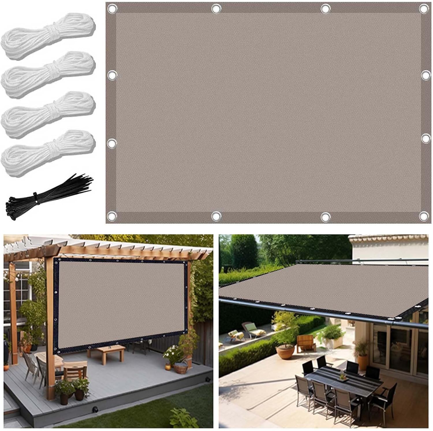Velă de umbrire dreptunghiulară 1x2m, impermeabilă, protecție UV 100%, pentru grădină, balcon, terasă, cu inele de închidere și șnururi