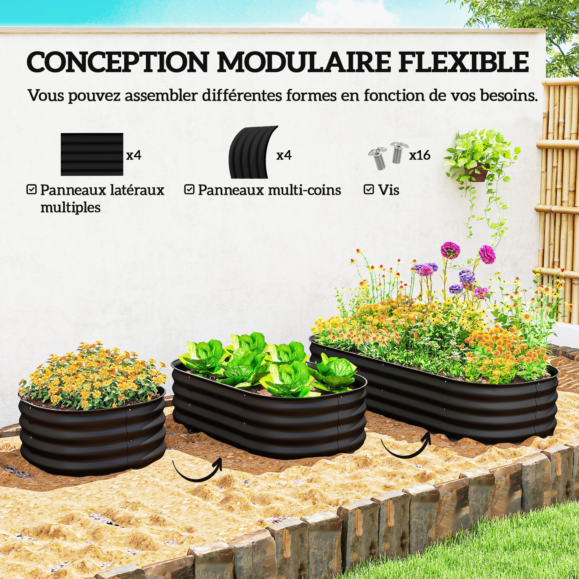 Jardinière en acier noir modulable 150x62x30cm OUTSUNNY - 4