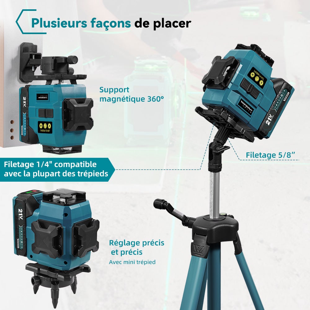 Laser de ligne croisé 16 lignes Niveau laser 3° Autonivelante 4 x 360° Niveau laser avec 2x batterie + trépied, pour construction intérieure - 4