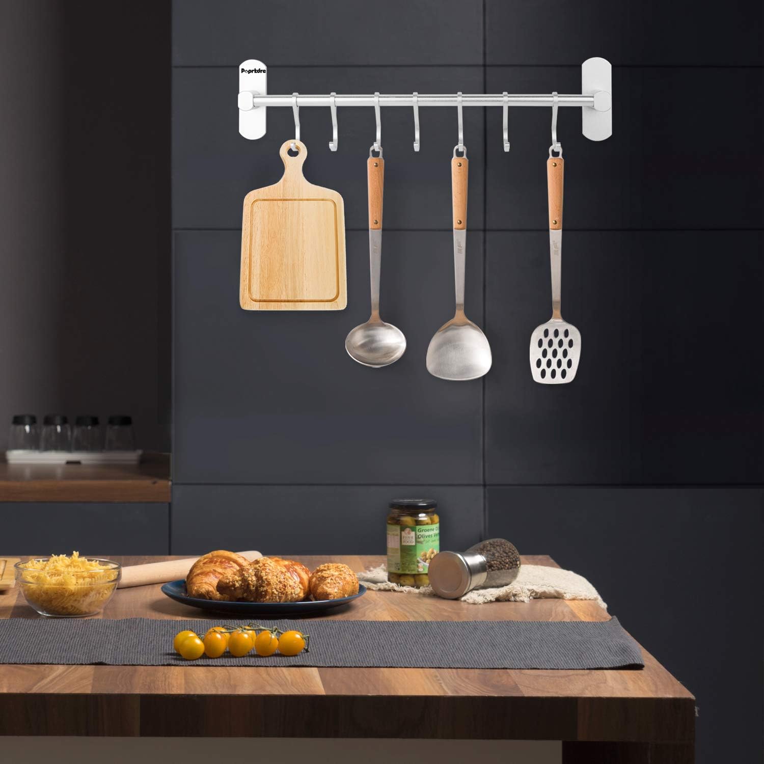 Portautensili da cucina in acciaio inossidabile con 8 ganci, supporto per montaggio a parete (argento) - 2