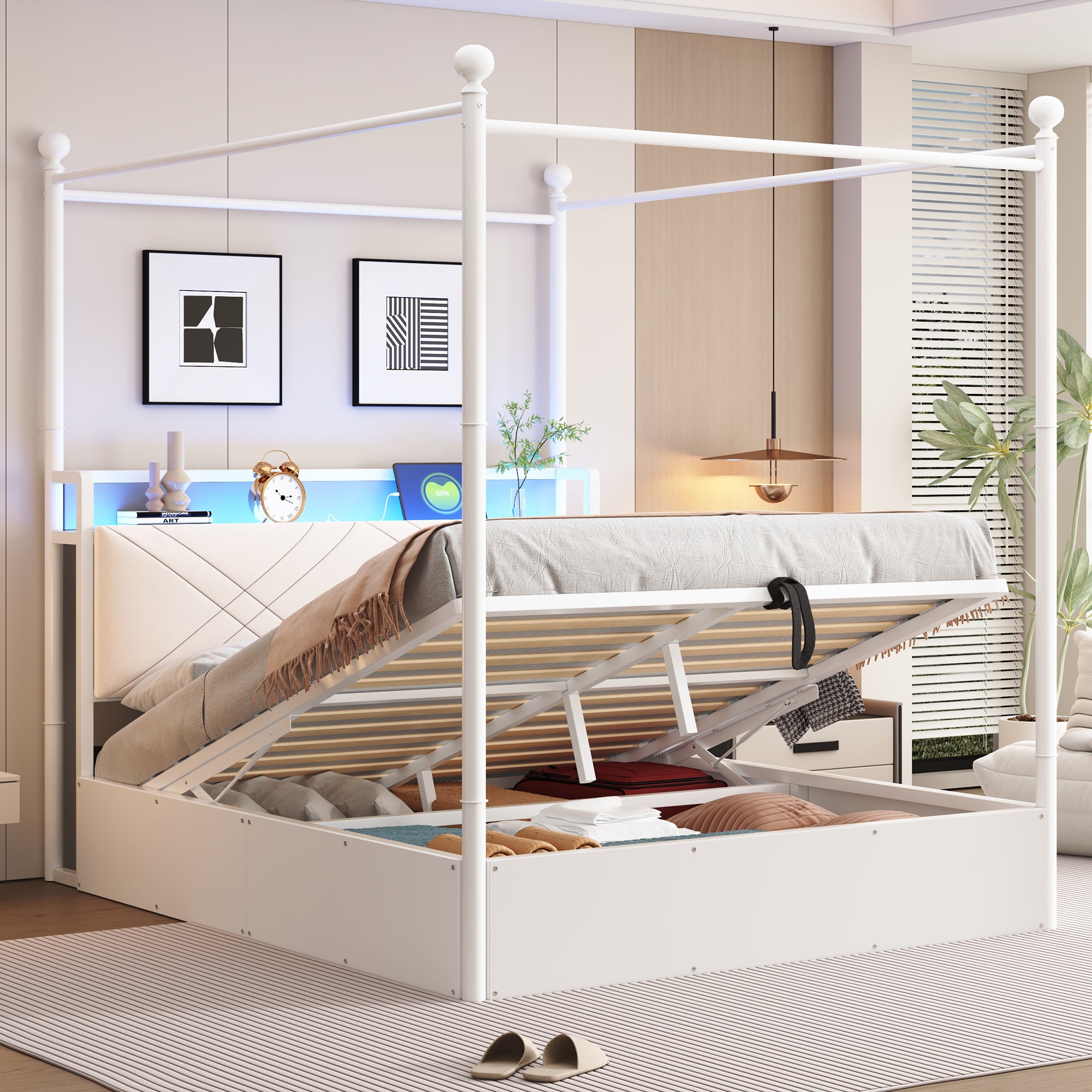 Łóżko z baldachimem i schowkiem, 140 x 190 cm, z oświetleniem LED i portami USB/typu C – metal, płyta MDF i sklejka – kolor biały