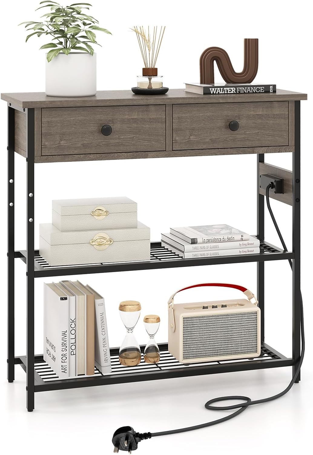 Wąski Stolik Konsolowy z Gniazdkiem, Mebel Konsolowy z 1 Portem USB, 1 Portem Typu C, Industrialny Stolik z 2 Szufladami, 81x30x81cm (Szary Dąb)