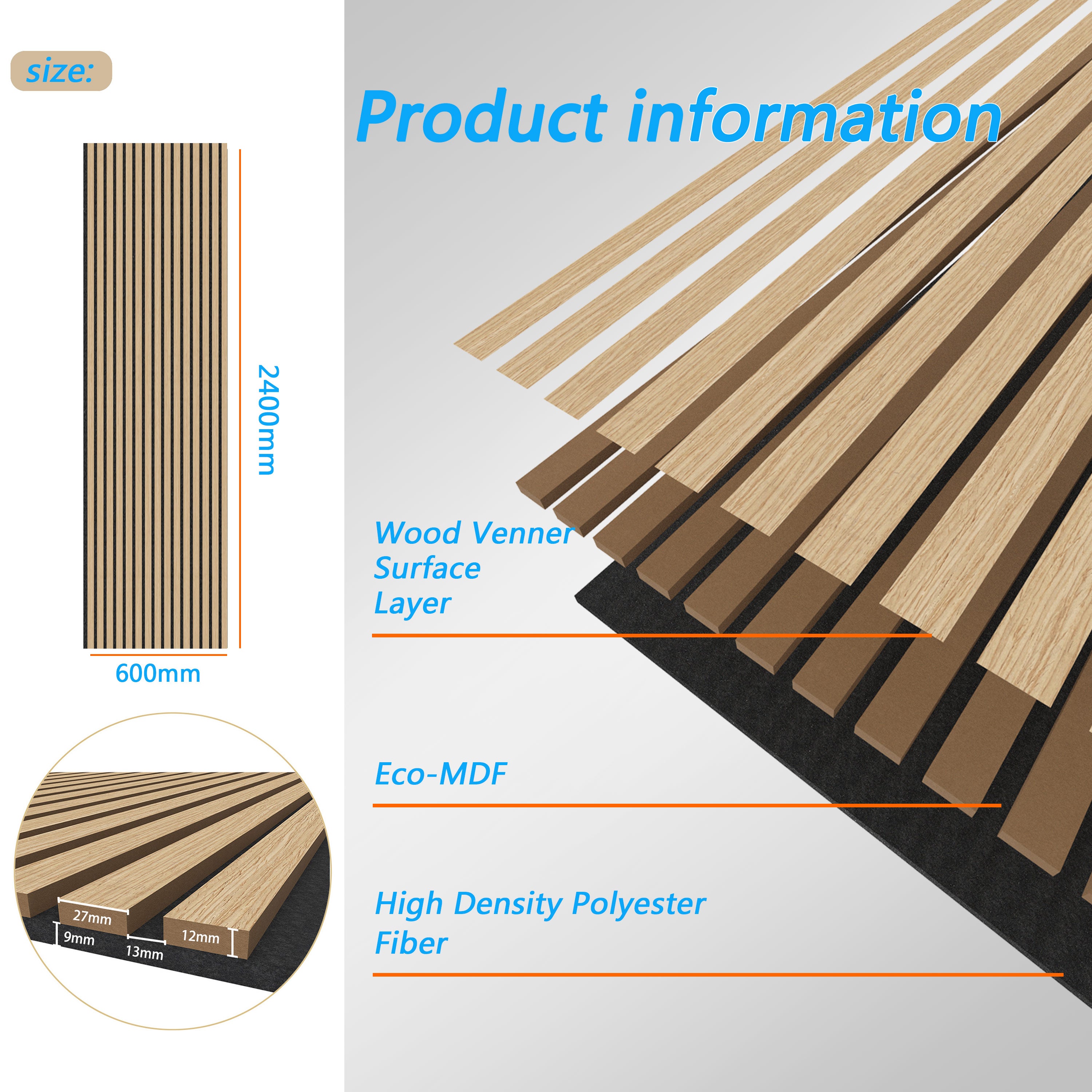 Lot de 3 panneaux muraux acoustiques décoratifs en bois MDF 240 x 60 cm, finition chêne clair, excellente isolation acoustique, installation simple - 3