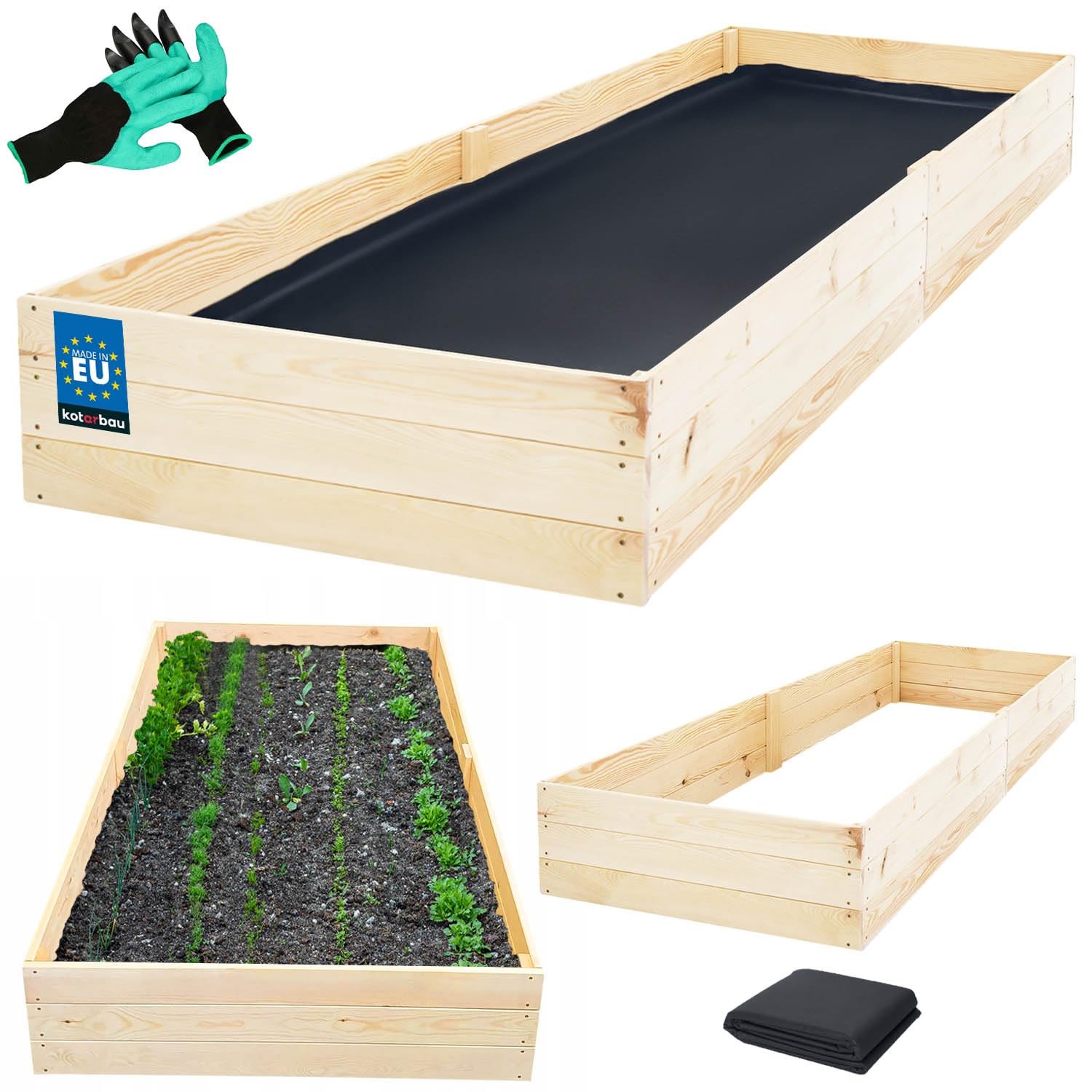 Skrzynka Drewniana na Warzywa - 240 X 120 X 27 CM - Warzywniak z Agrowłókniną - Skrzynia Uprawowa - Rękawiczki Pazurki KOTARBAU
