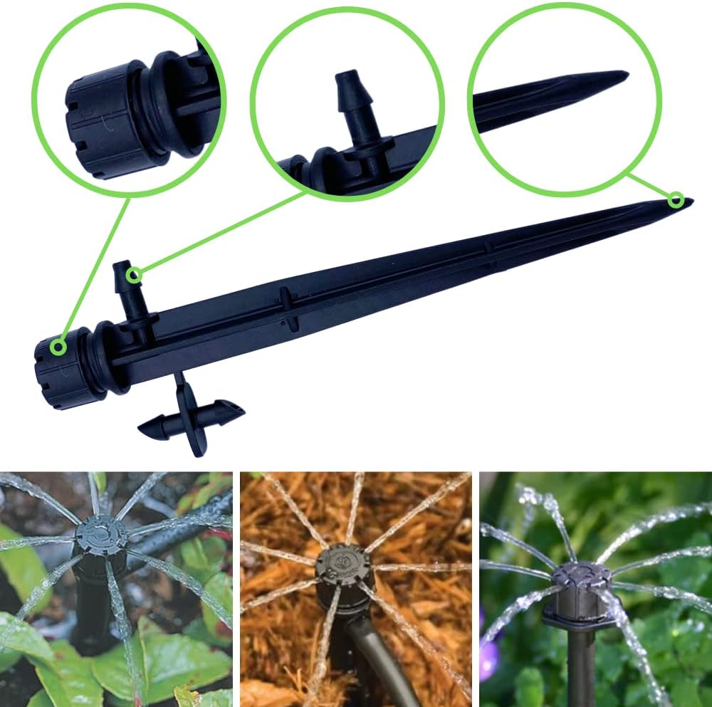 Kit per Irrigazione a Goccia 50 Pezzi TIMESETL Irrigazione Drippers Regolabili Flusso di Irrigazione a 360° a 8 Fori, Dripper per Patio e Piante in Vaso, Dripper Watering Tool per Esterni