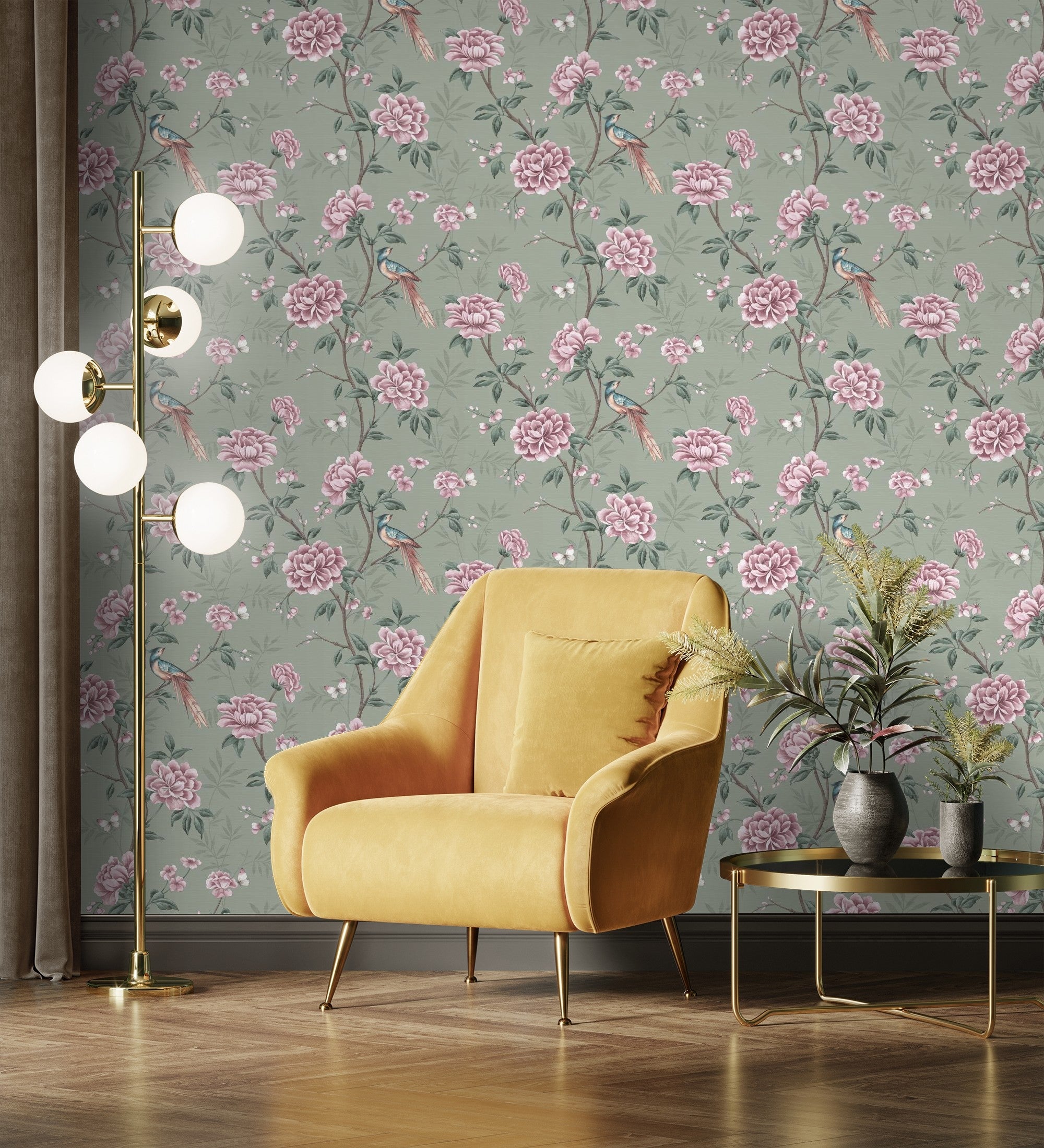 Papier peint d'oiseaux et fleurs sur fond texturé effect fibre végétale vert - Nora Garden 681988 de GAULAN - Rouleaux de 10 m x 0,52 m - 8