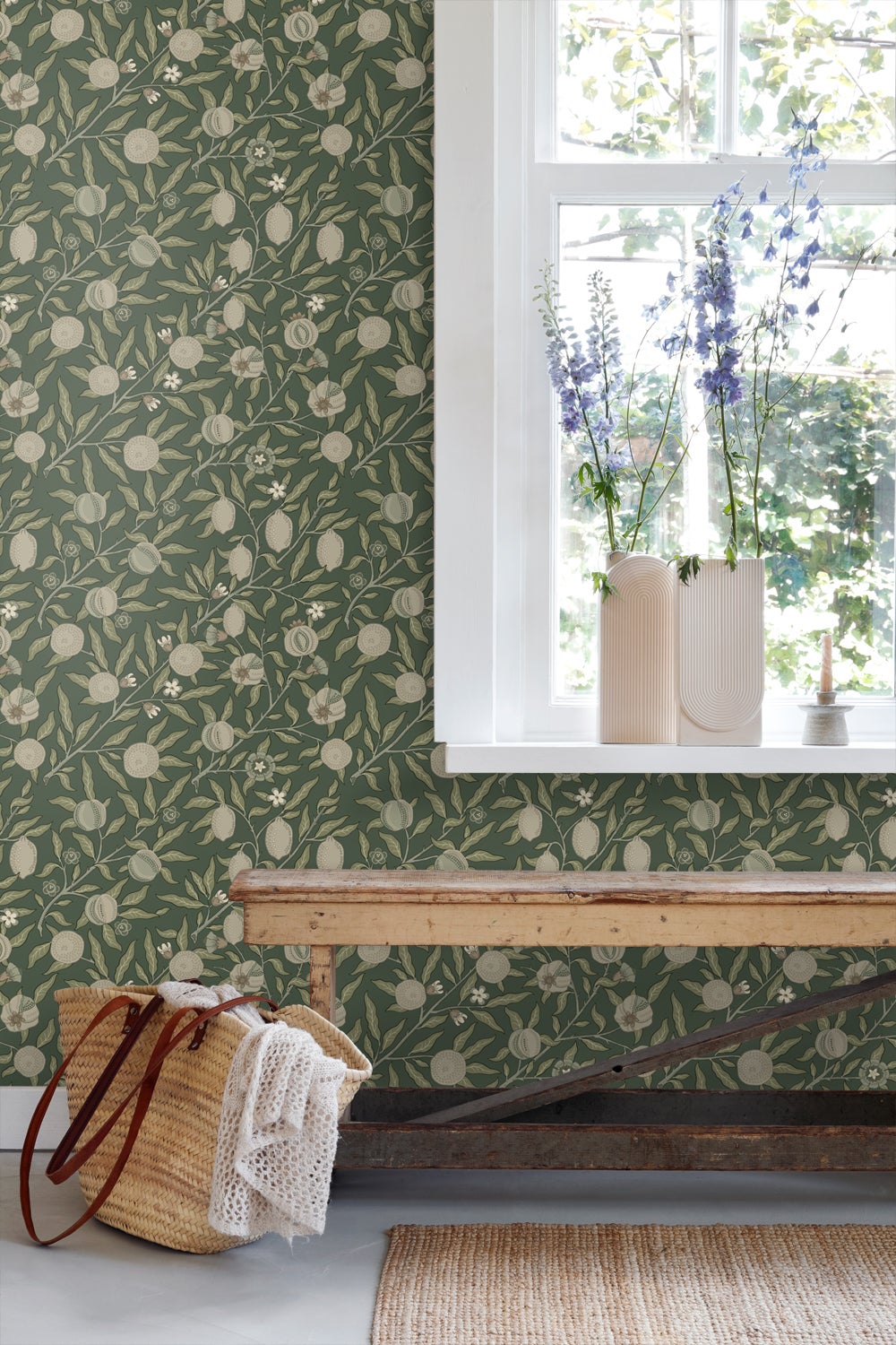 Papier peint des fruits et des feuilles exotiques vert foncé et taupe - 50 x 900 cm - ESTAhome - 7