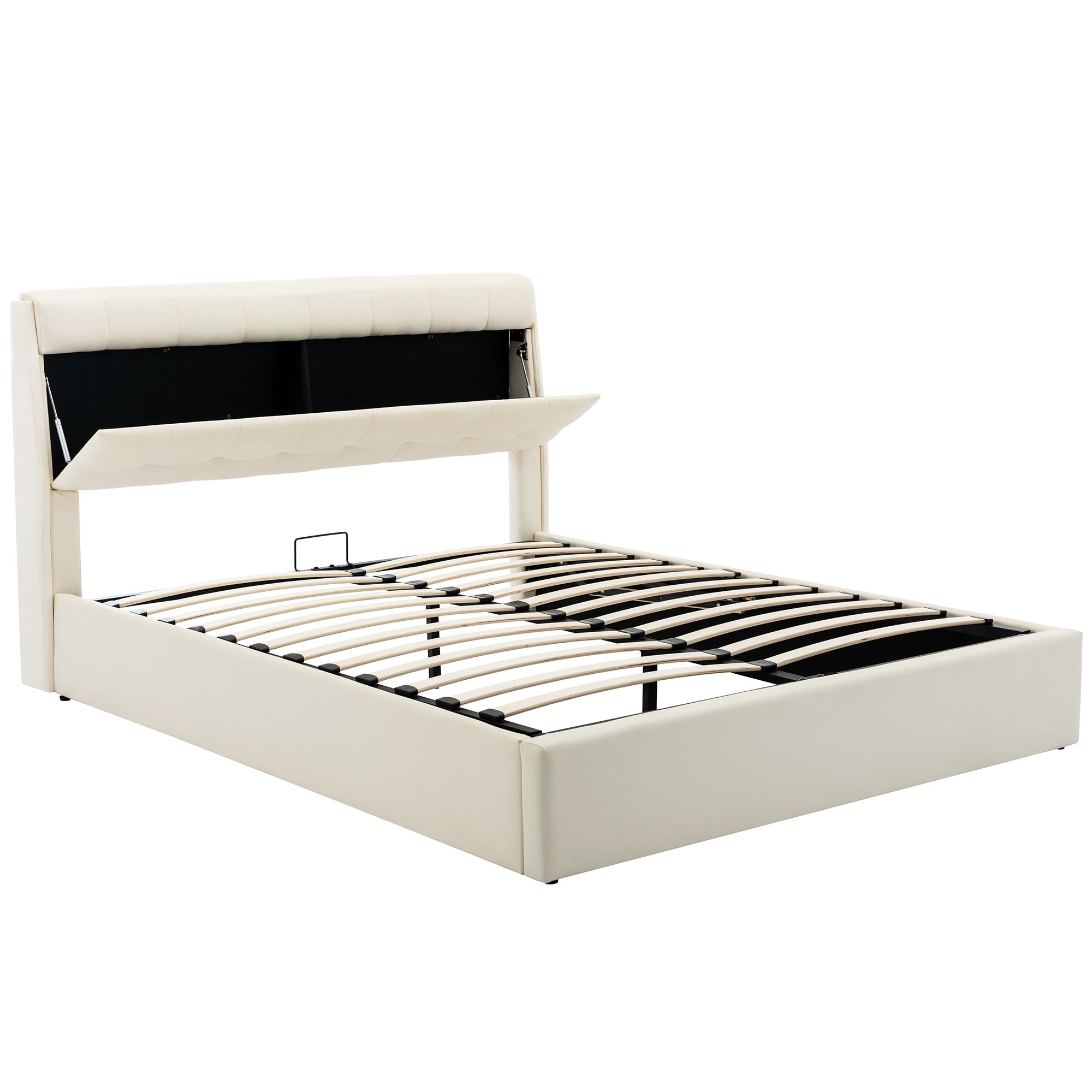 Elegante cama con almacenaje 160 x 200 cm - Estante oculto en el cabecero - Polipiel - Somier de láminas - Blanco - 8