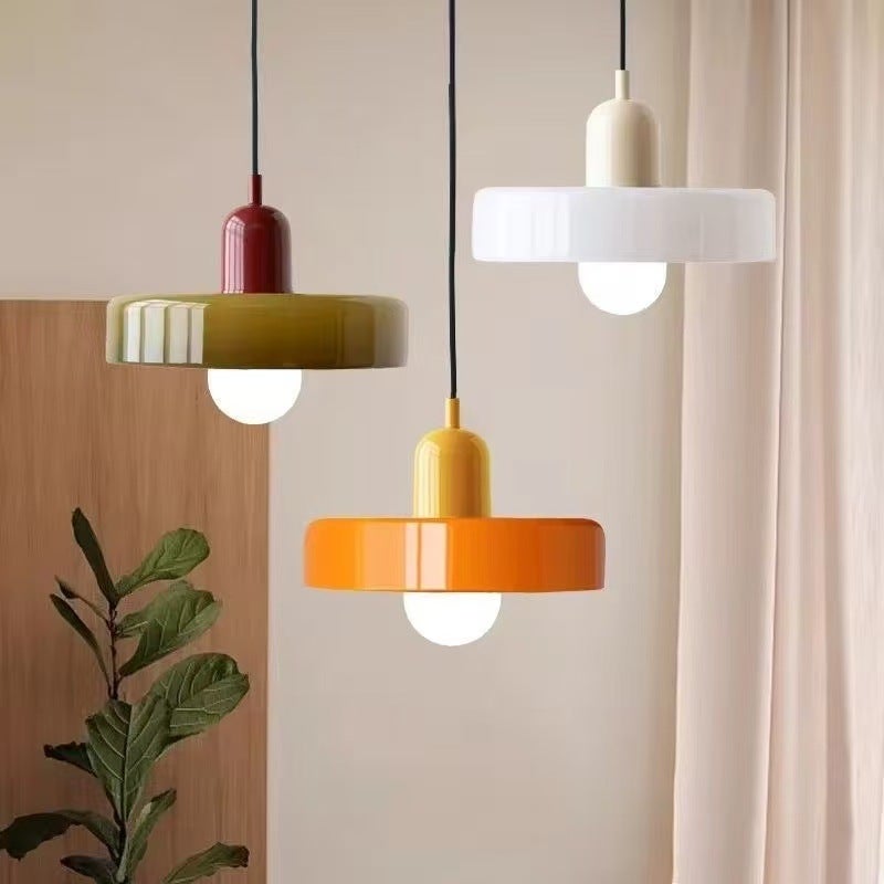 Lustre Bauhaus, abat-jour en vitrail, lumière tricolore, verre vert de 25 cm + pied de lampe rose - 5