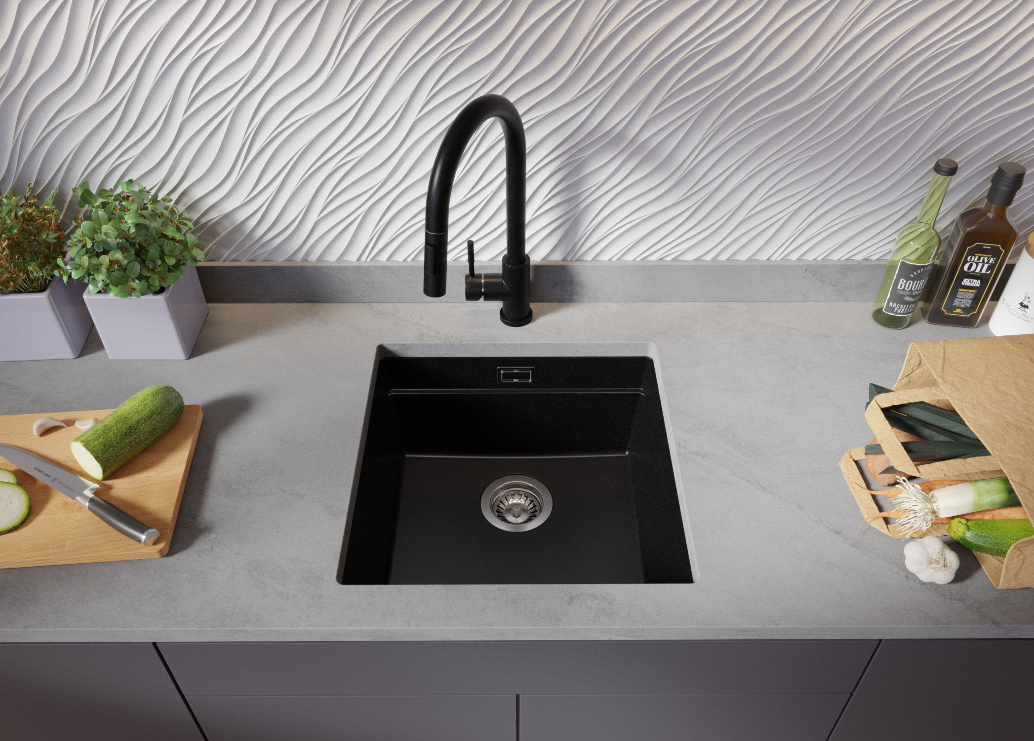 Lavandino sottotop Nero 46x47cm, Lavello in Granito a 1 vasca + Sifone Classico + Accessori, Lavabo da Cucina al mobile 50cm - Prague PRIMAGRAN - 3