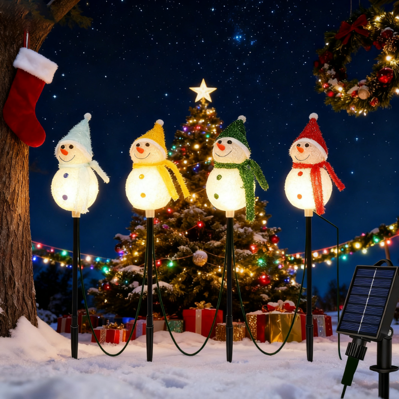 Zestaw 4 lampek choinkowych zasilanych energią słoneczną z palikiem w kształcie bałwana, wodoodporne lampki choinkowe do ogrodu, dekoracje świąteczne - 7