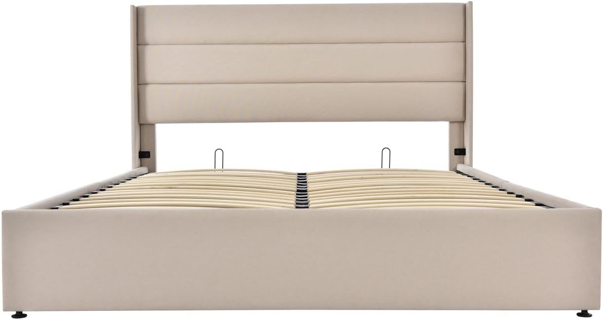 KOMHTOM Lit rembourré 160 x 200 cm, lit juvénile avec espace de rangement, lit fonctionnel avec cadre en métal (sans matelas), beige - 4