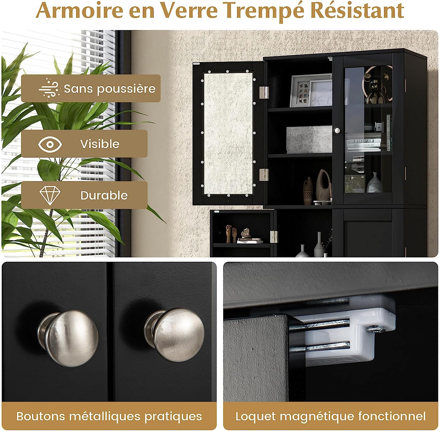 Credenza da Cucina, Dispensa da Cucina con Doppia Porta in Vetro Temperato, Design Antiribaltamento, Ideale per Soggiorno Sala da Pranzo e Cuc - 5