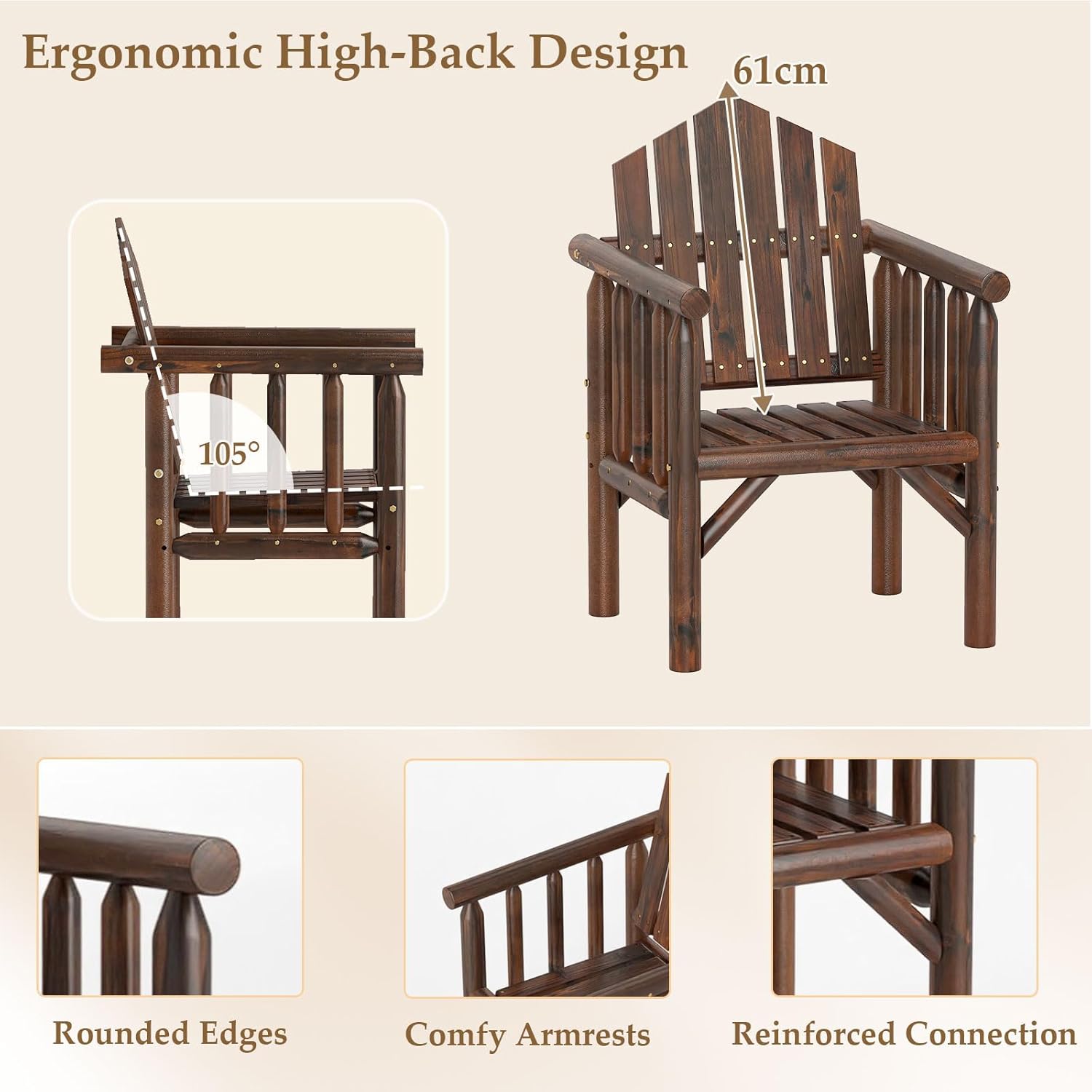 Fotel Adirondack z Drewna, Krzesło Ogrodowe Adirondack z Podłokietnikami i Wysokim, Pochylonym Oparciem, Nośność 150 kg, 66 x 62,5 x 98 cm (Brązowy) - 3