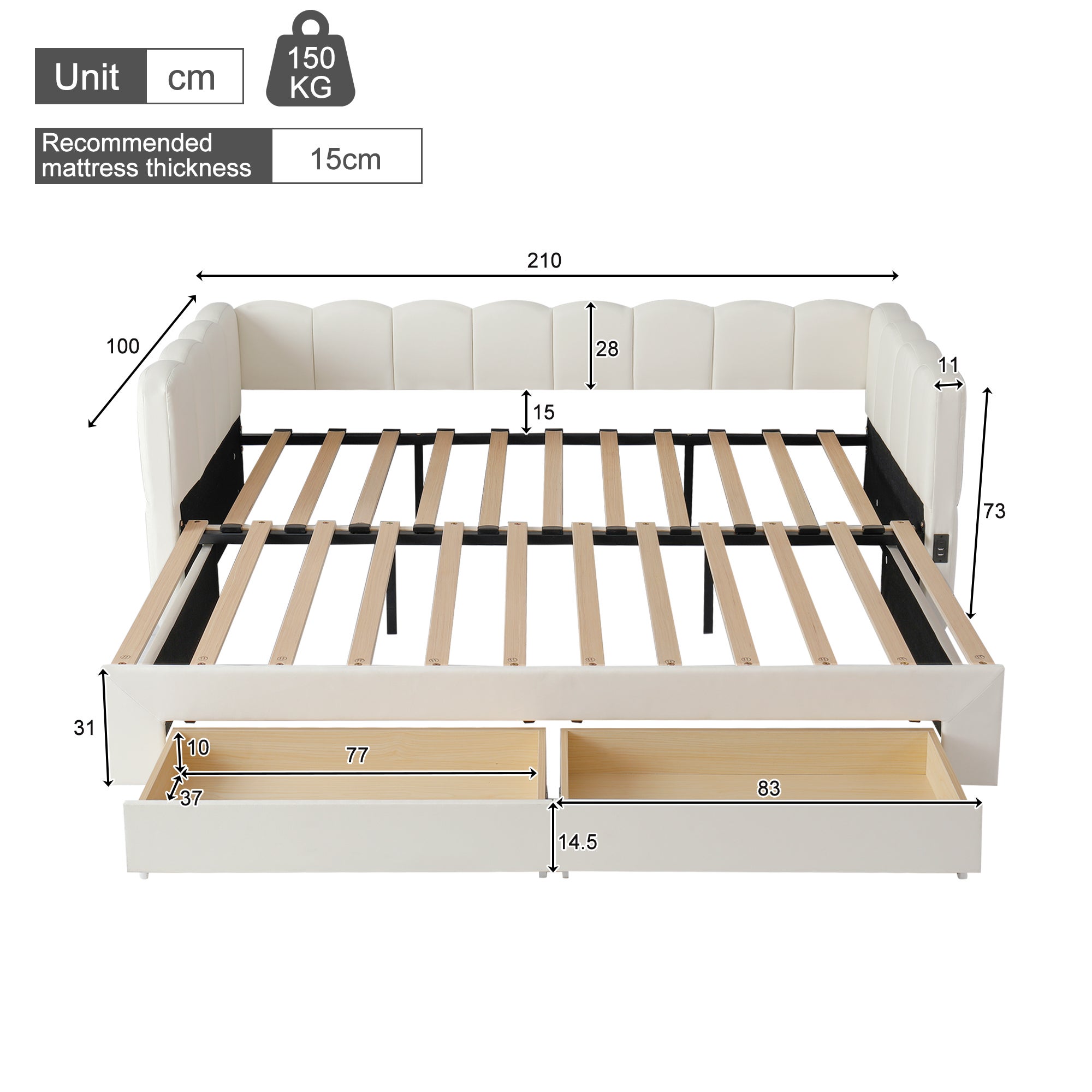 Lit Gigogne 90x190cm Lit Banquette Extensible avec Tiroirs de Rangement, Ports USB & Type-C - Design Scandinave - Lin - Beige - 4