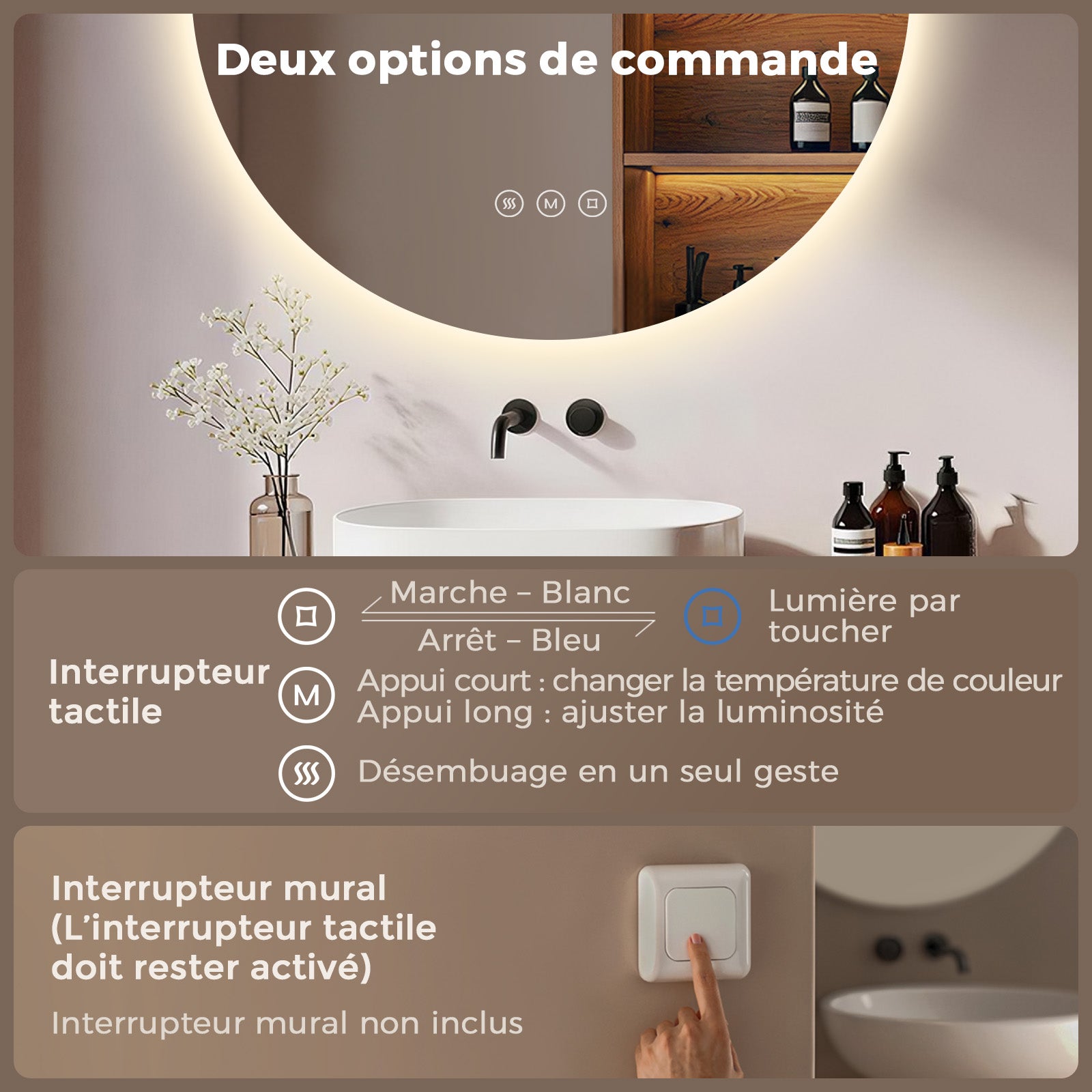 Miroir salle de bain lumineux rond 50 cm, miroir LED avec éclairage antibuée, variateur tactile, 3 couleurs, mémoire - 4