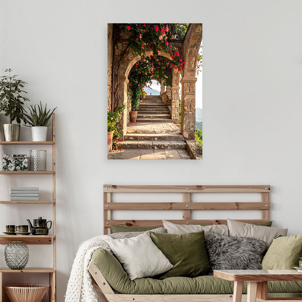 Obraz do salonu sypialni kuchni biura, Kamienne łuki schody kwiaty Toskania Włochy 20x30
