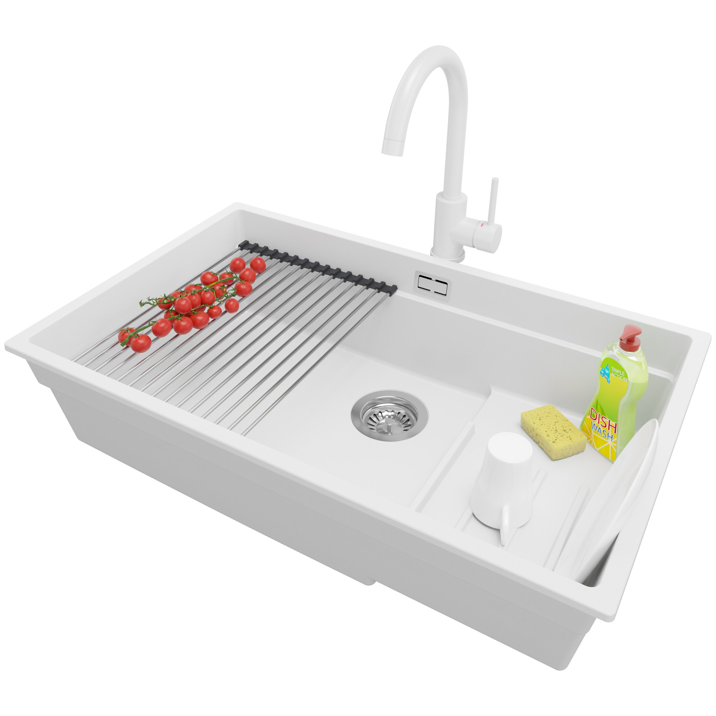Zlewozmywak Granitowy Biały 76x47cm, Zlew Kuchenny 1 Komorowy + Syfon + Akcesoria, Nablatowy do szafki od 80cm - Praga Slim PRIMAGRAN