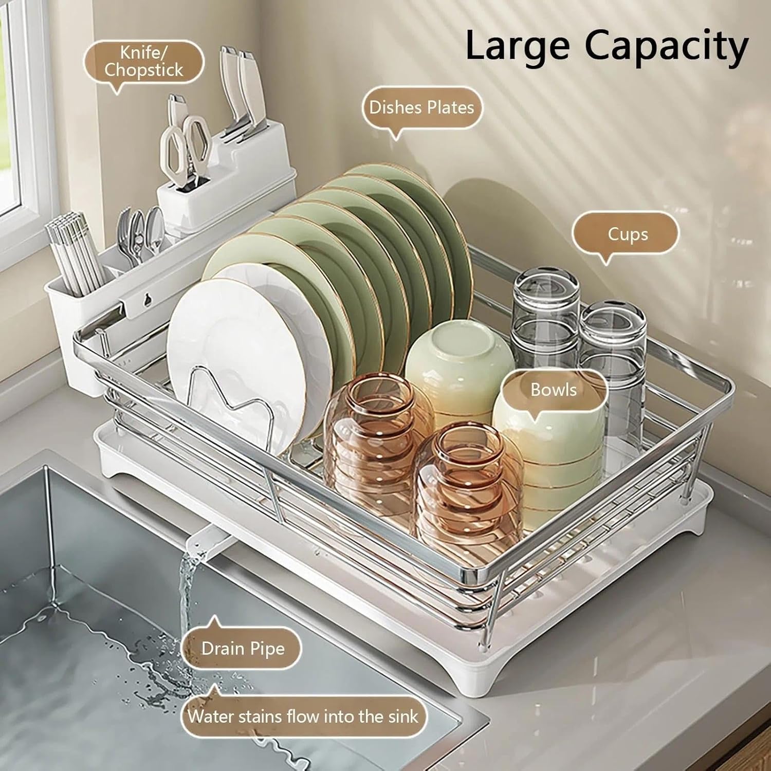 Escurreplatos de acero inoxidable con bandeja de goteo, estante que ahorra espacio para platos, tazones, tazas y cubiertos. - 5
