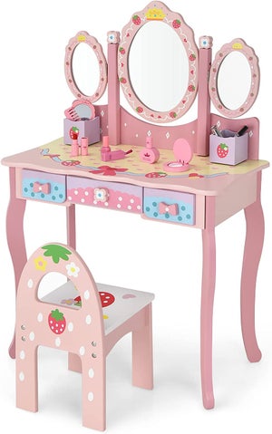 Coiffeuse Enfant XXL En Bois Avec Miroir LED – Table De Maquillage Et Bureau 2-en-1, Dès 3 Ans