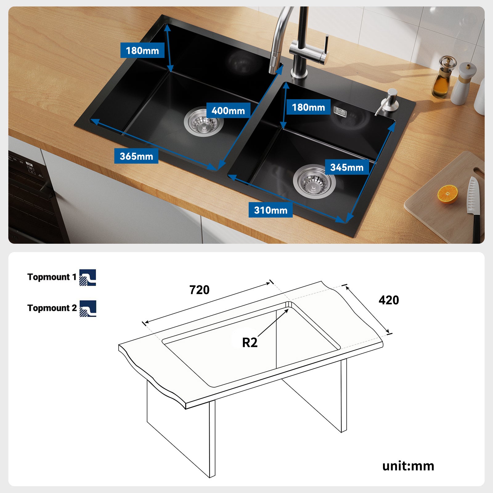 Evier Cuisine 2 Bacs 75x45x19CM Evier Noir en Acier Inoxydable pour Cuisine Evier à Encastrer avec Distrubuteur de savon - 4