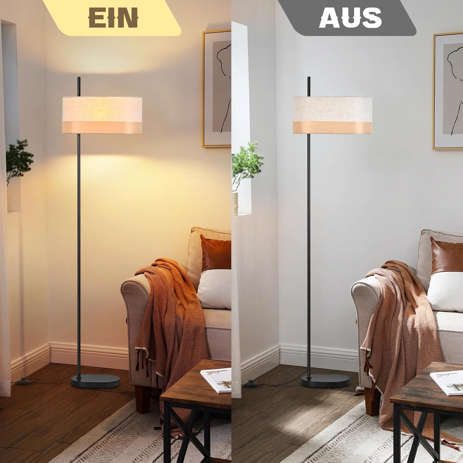 Nettlife Lampa Podłogowa Vintage Biała Tkanina E27, Włącznik Nożny, Rustykalna do Salonu i Sypialni (Brak żarówki) - 6