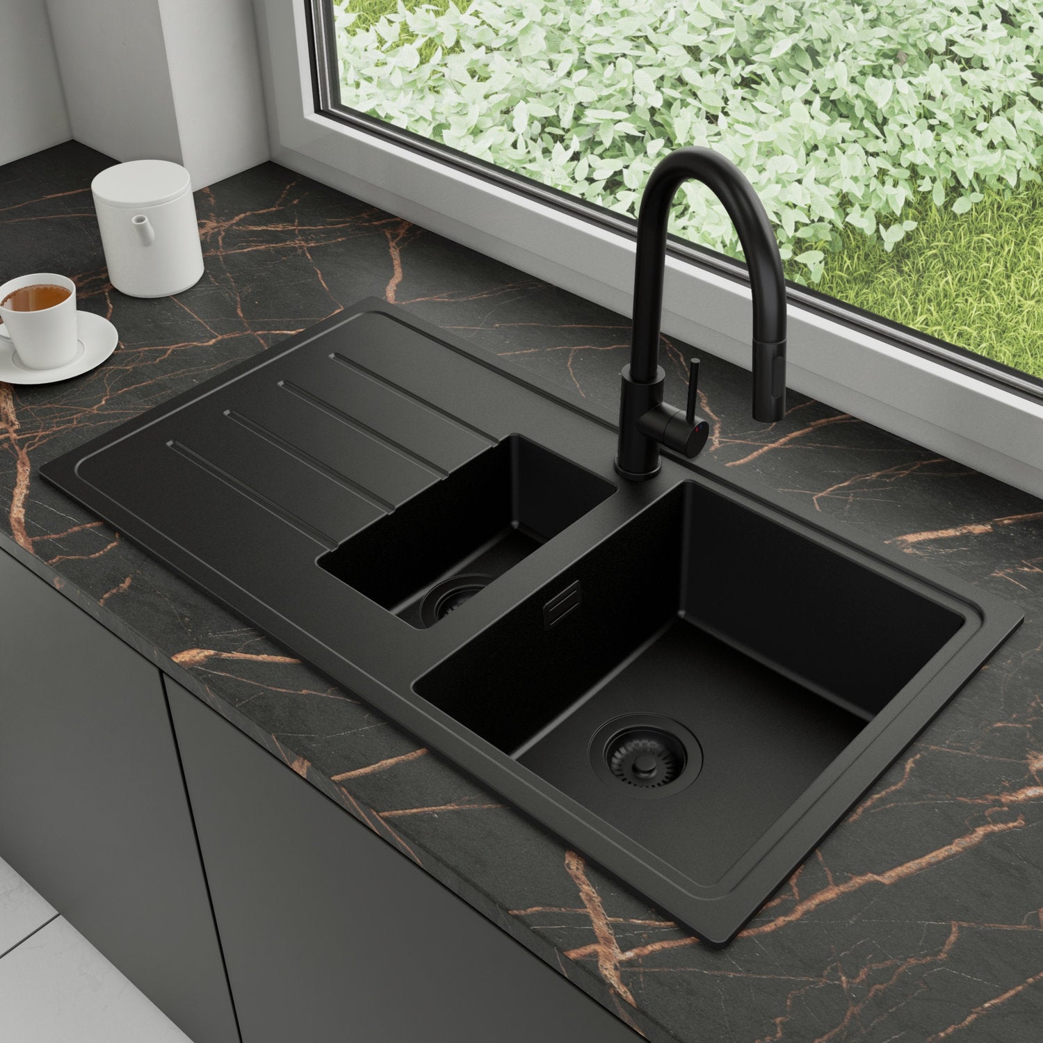 Zlewozmywak Granitowy 90x50cm, do szafki od 60cm + Bateria + Syfon - Ametyst Cały Czarny STONESTYLE