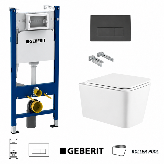 Bâti-support GEBERIT Duofix pack réservoir encastrable et plaque DELTA 50 Noir Mat avec WC suspendu TREND Blanc Vortex par KP